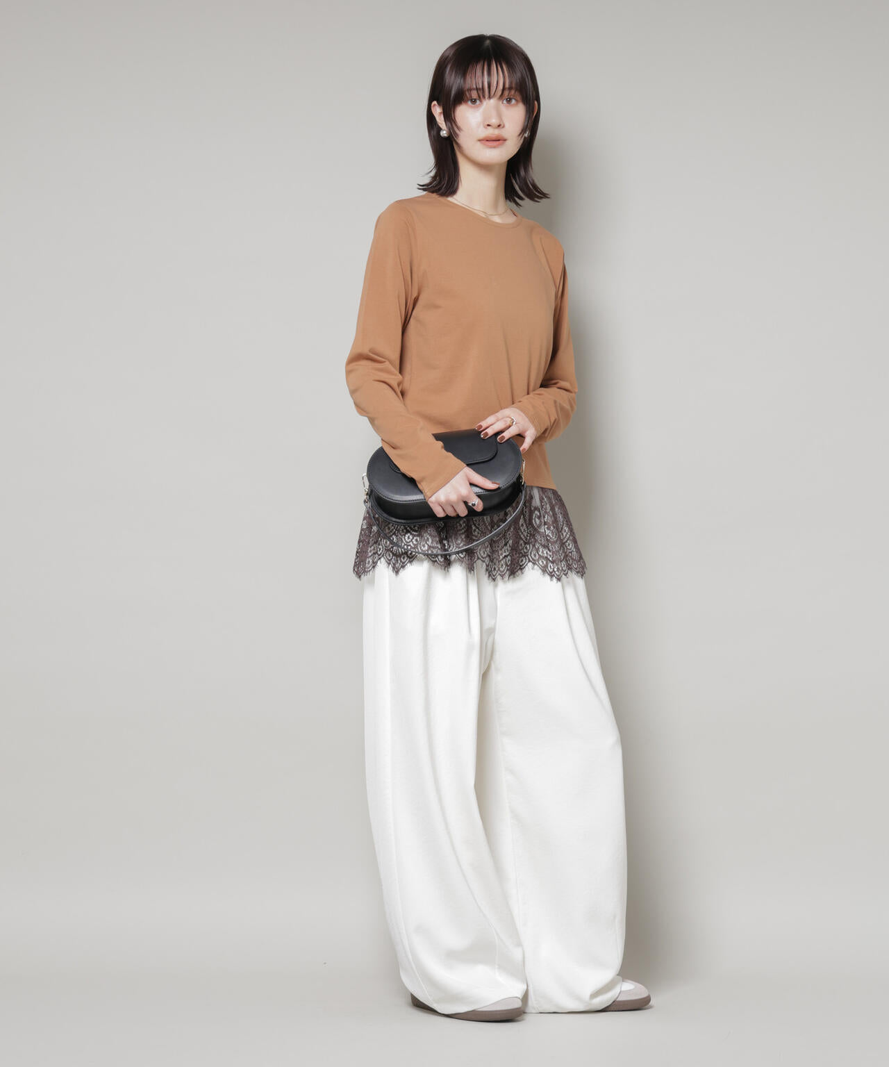 裾レース ドッキング ロング Tシャツ