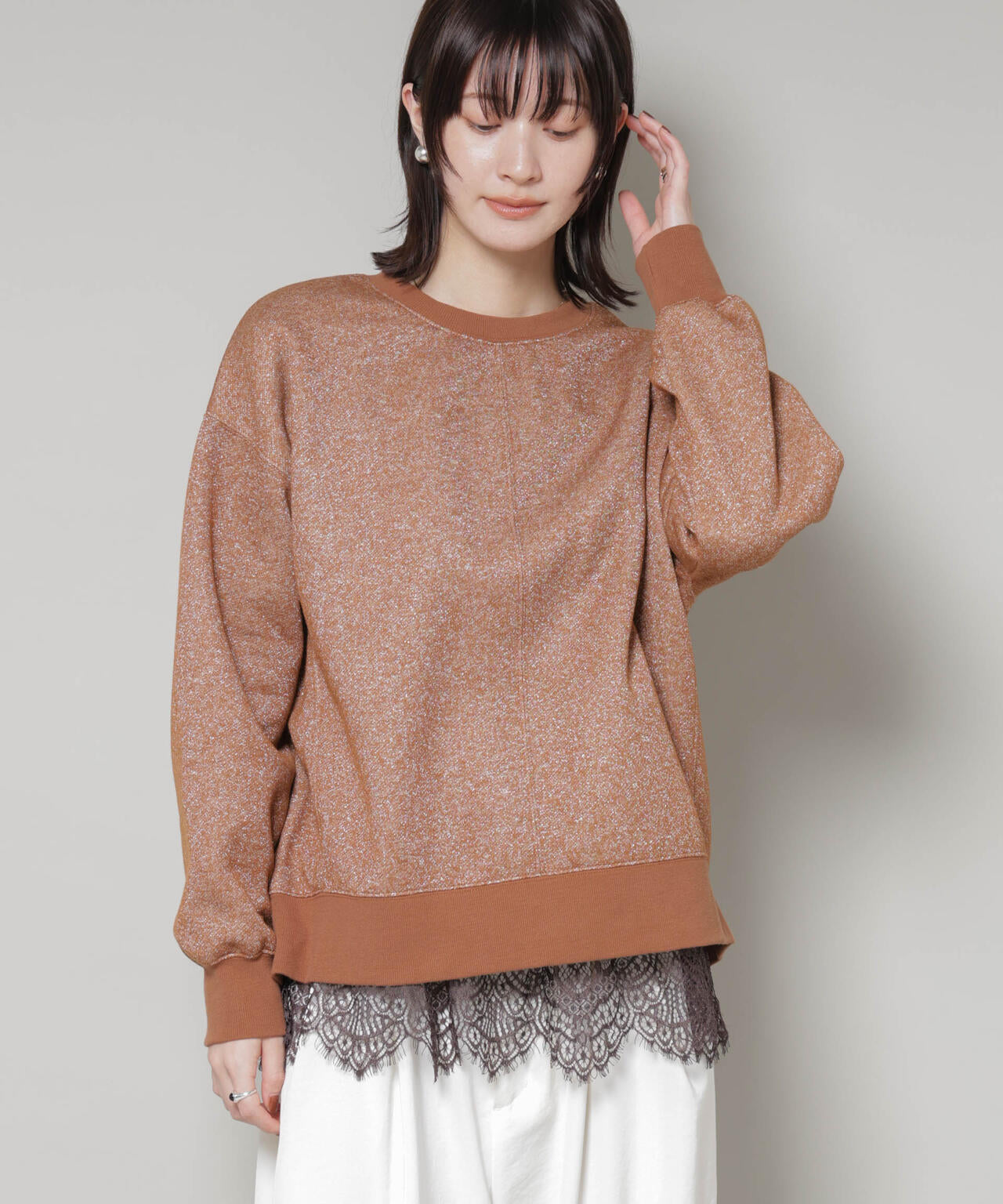 裾レース ドッキング ロング Tシャツ