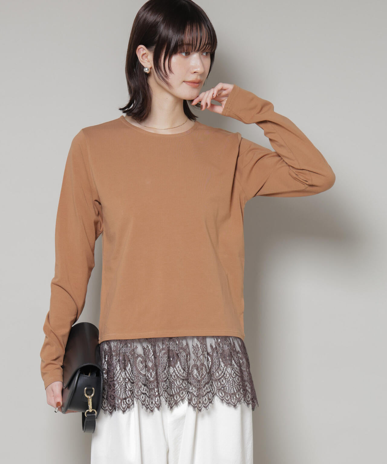 裾レース ドッキング ロング Tシャツ