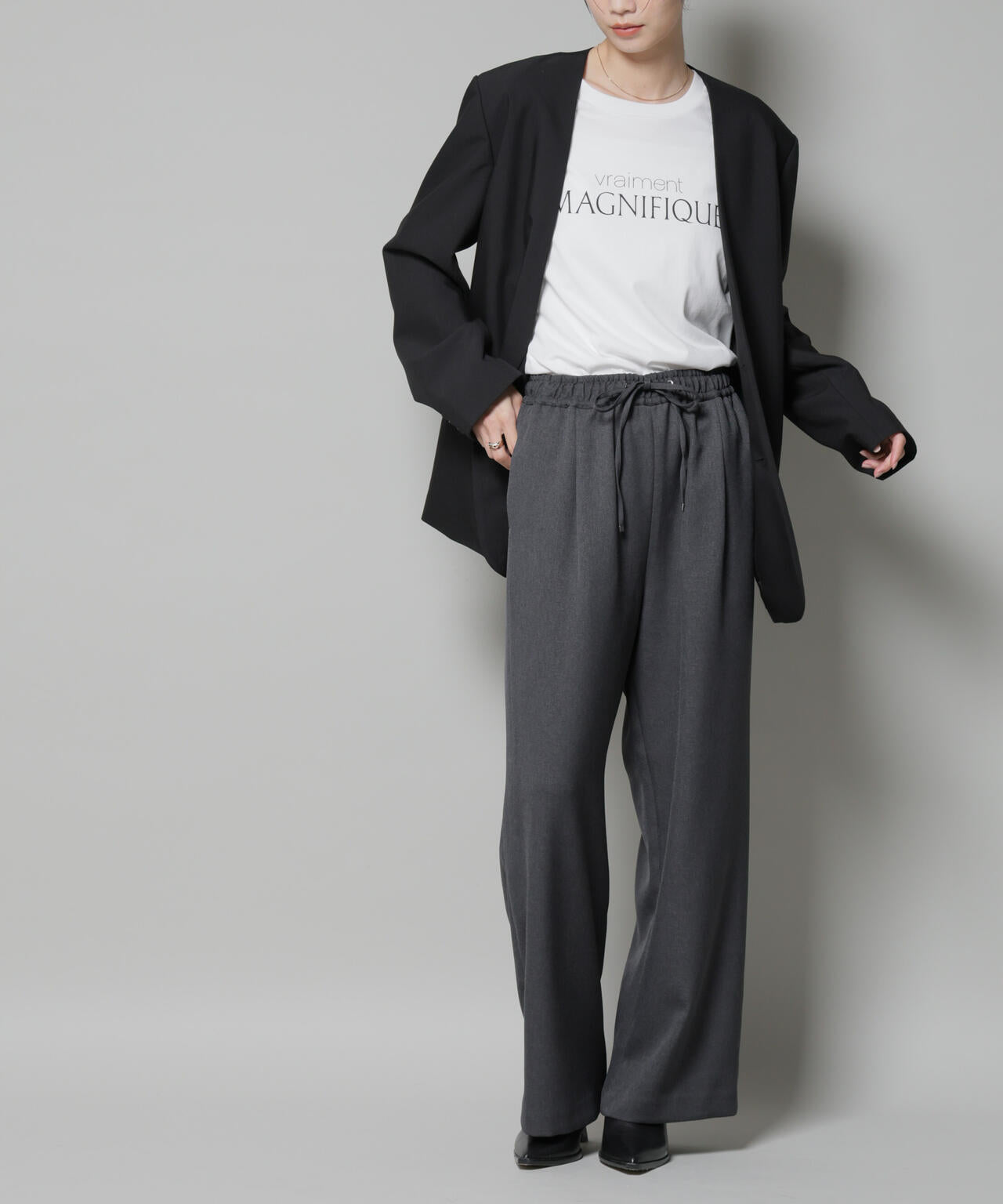 ウール ライク ポリエステル サイドライン 切り替え ドロスト パンツ