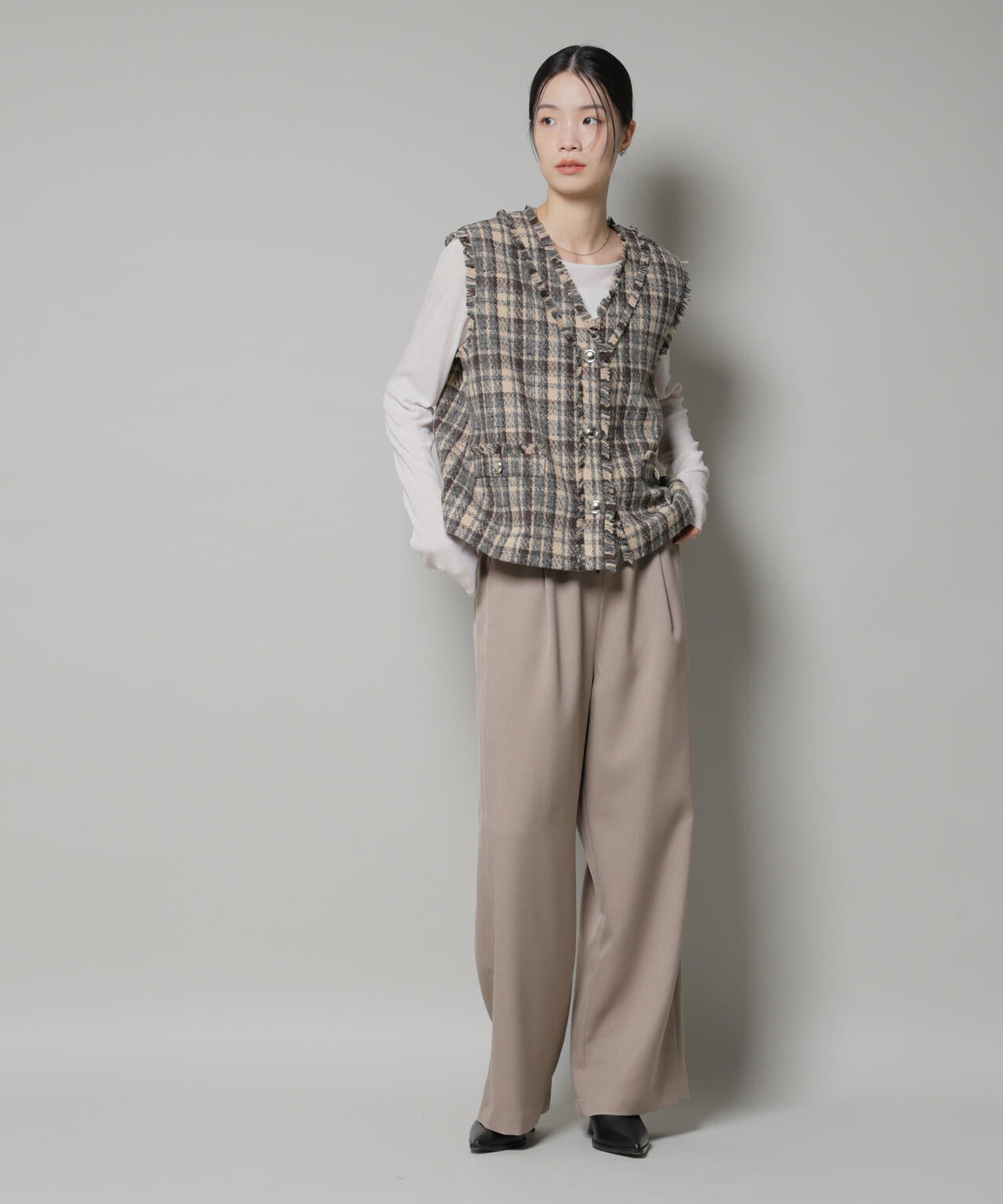 ウール ライク ポリエステル サイドライン 切り替え ドロスト パンツ