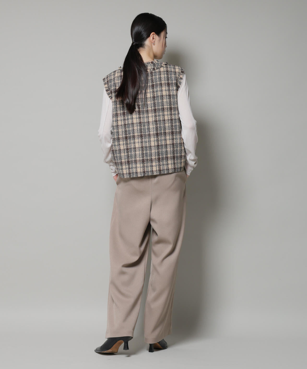 ウール ライク ポリエステル サイドライン 切り替え ドロスト パンツ