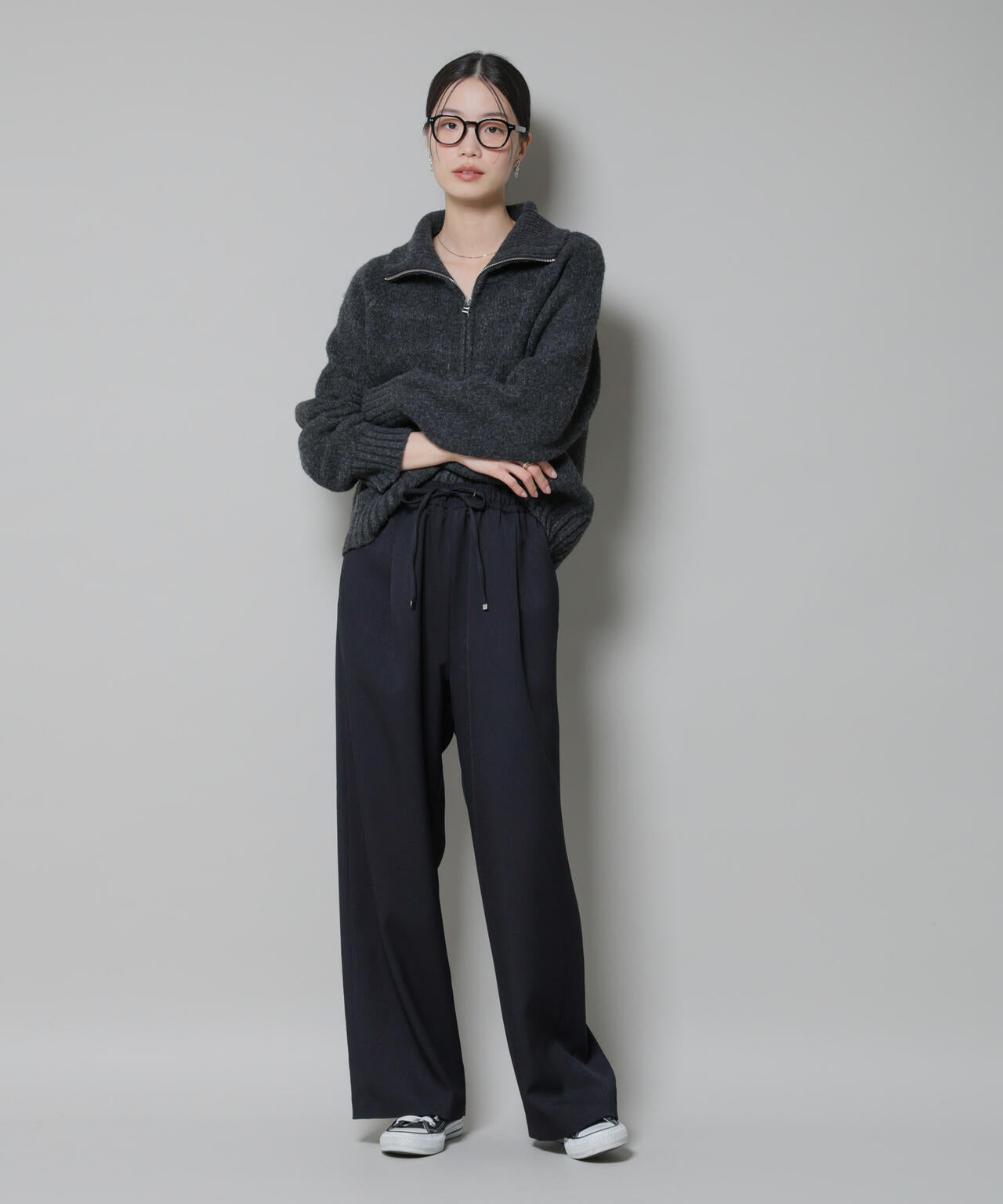 ウール ライク ポリエステル サイドライン 切り替え ドロスト パンツ