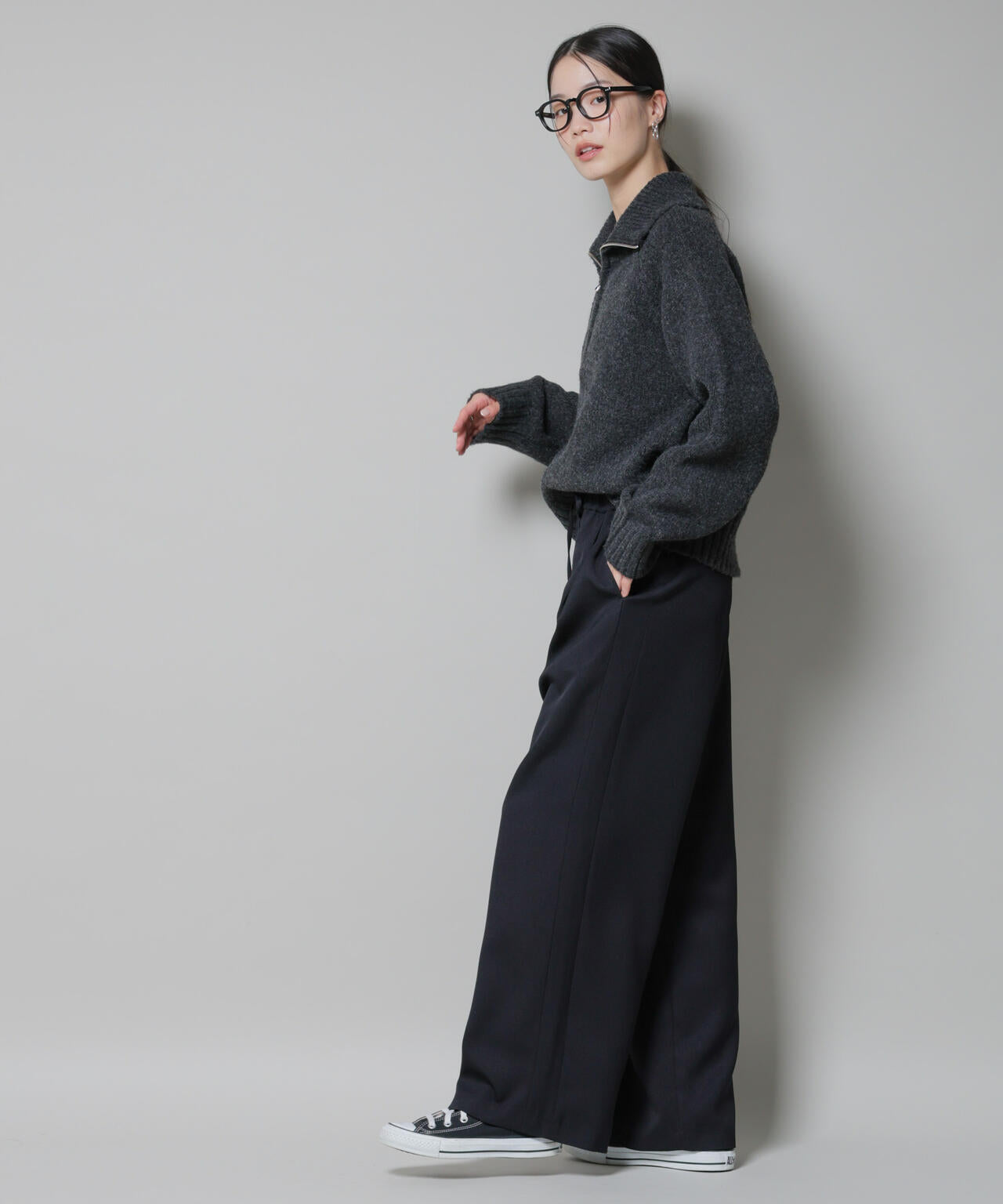 ウール ライク ポリエステル サイドライン 切り替え ドロスト パンツ