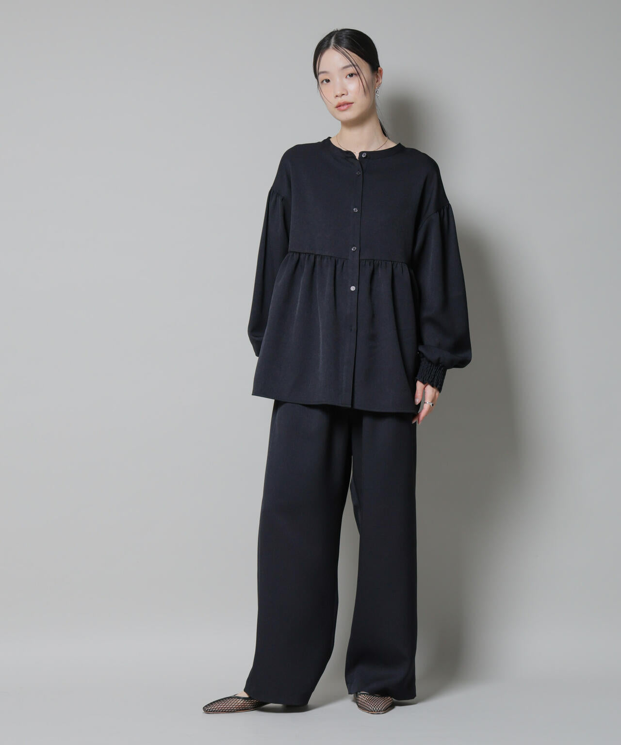 ウール ライク ポリエステル サイドライン 切り替え ドロスト パンツ