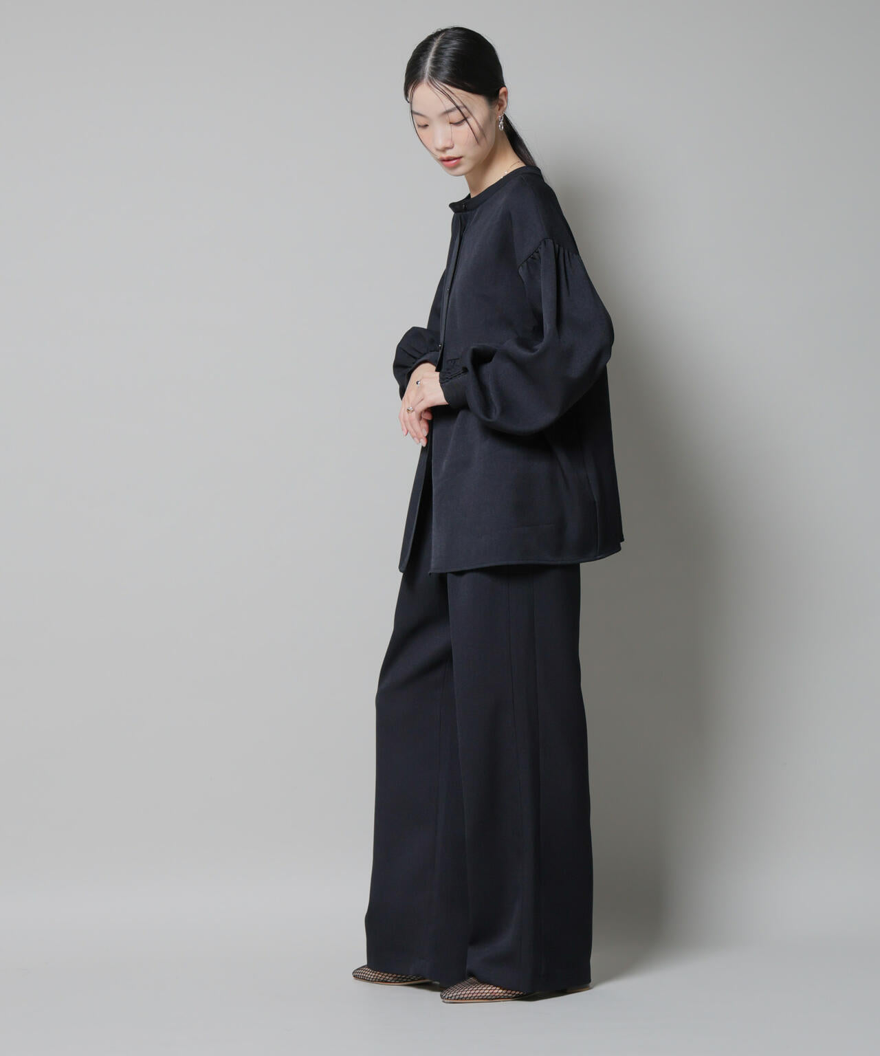 ウール ライク ポリエステル サイドライン 切り替え ドロスト パンツ