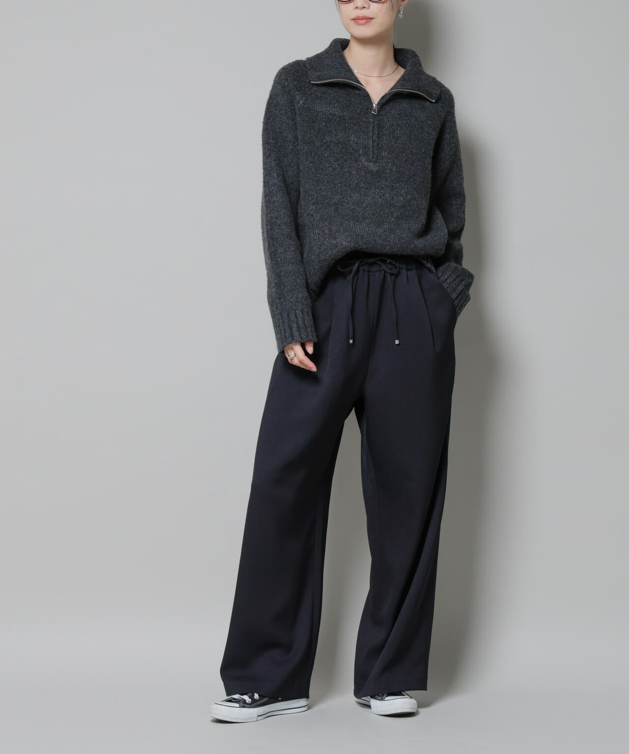 ウール ライク ポリエステル サイドライン 切り替え ドロスト パンツ