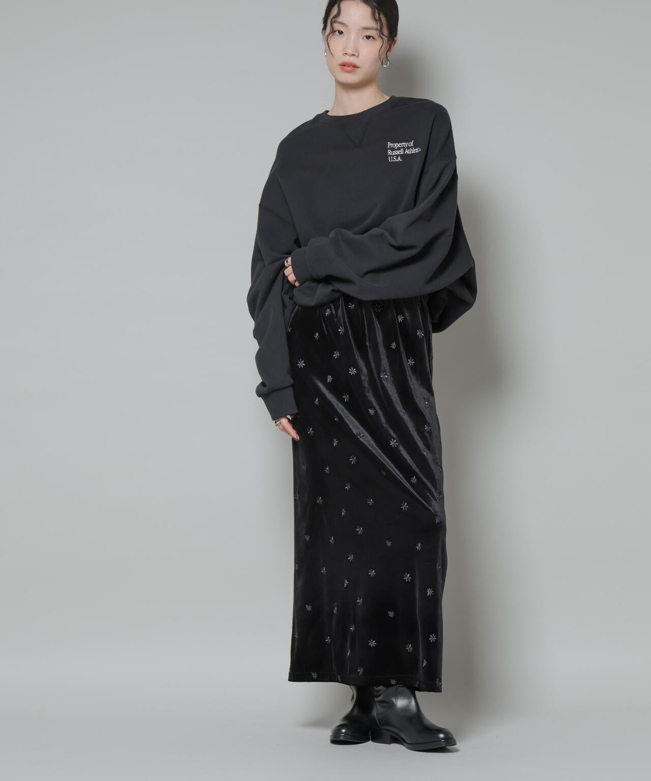 刺繍 ベロア カット ナロー スカート ( セットアップ 可 )