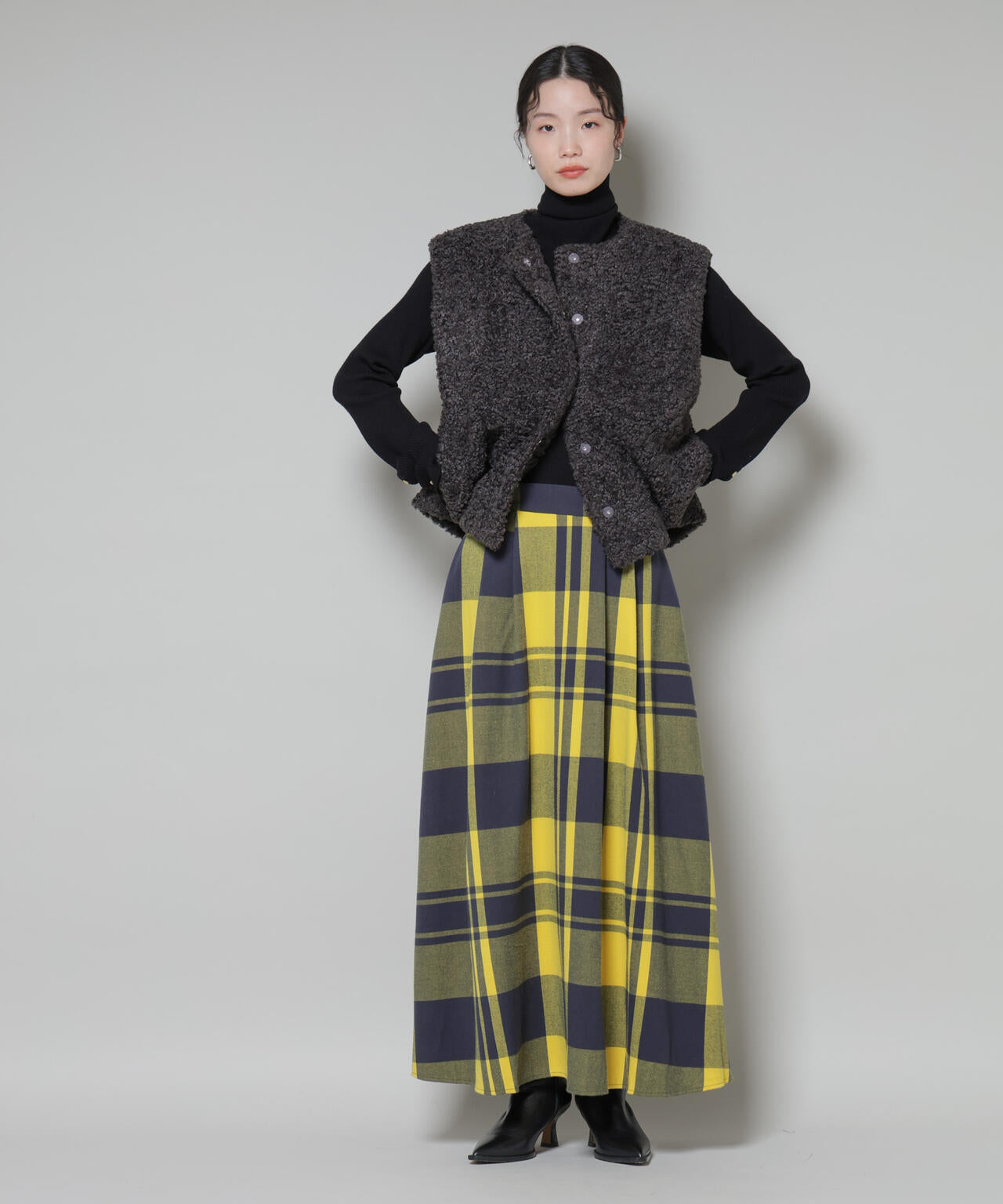 起毛 チェック タック フレアスカート