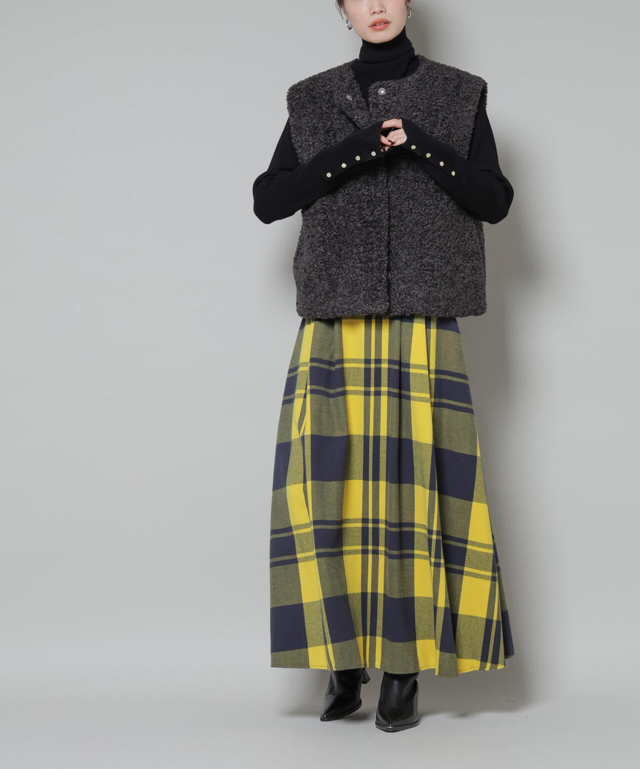 起毛 チェック タック フレアスカート