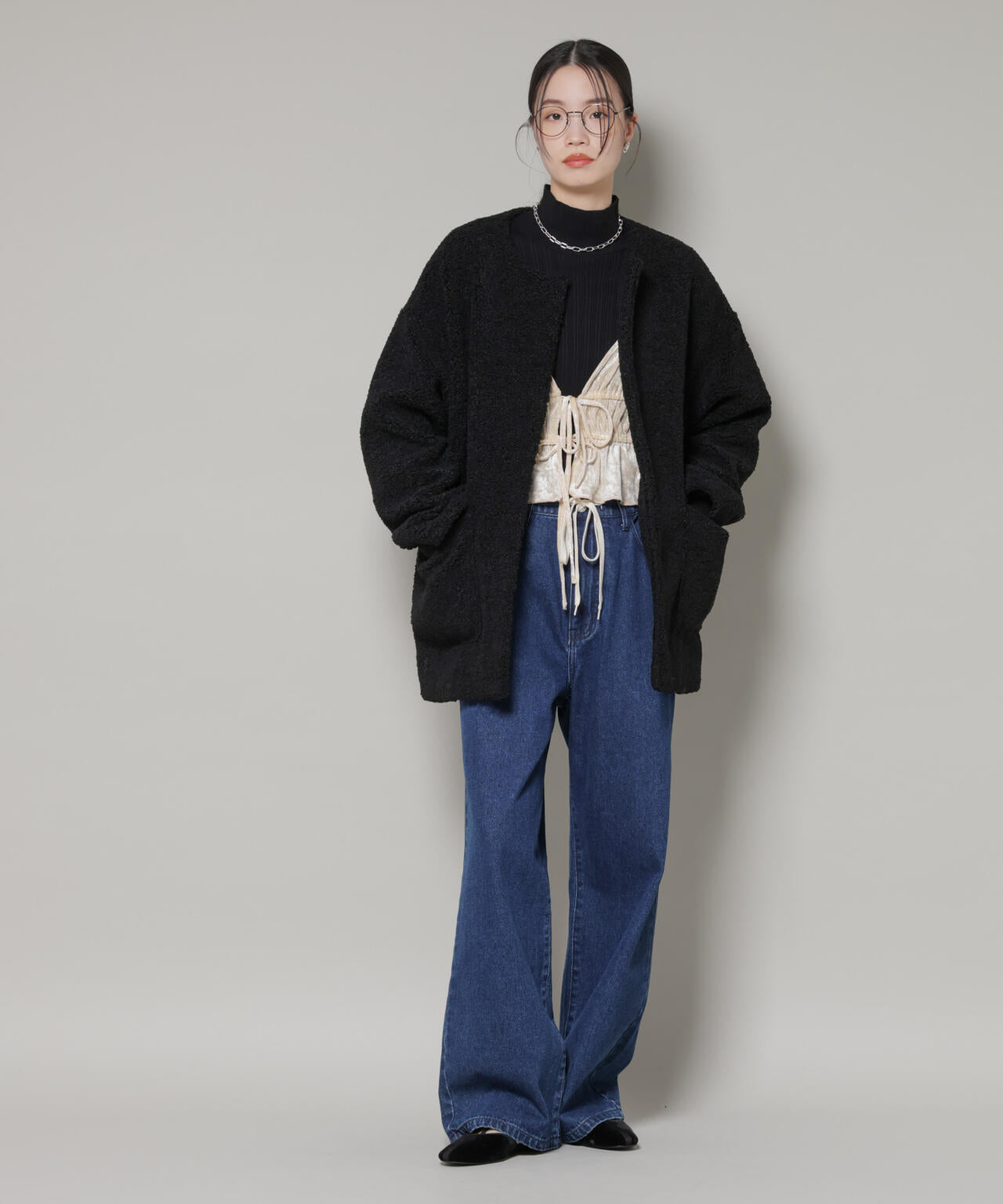 ソフト ボア ノーカラー ミドルコート