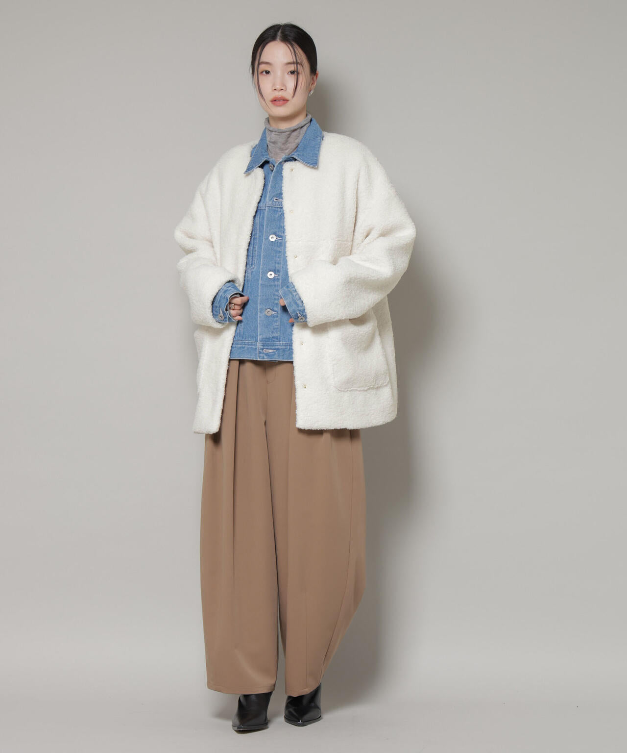 ソフト ボア ノーカラー ミドルコート