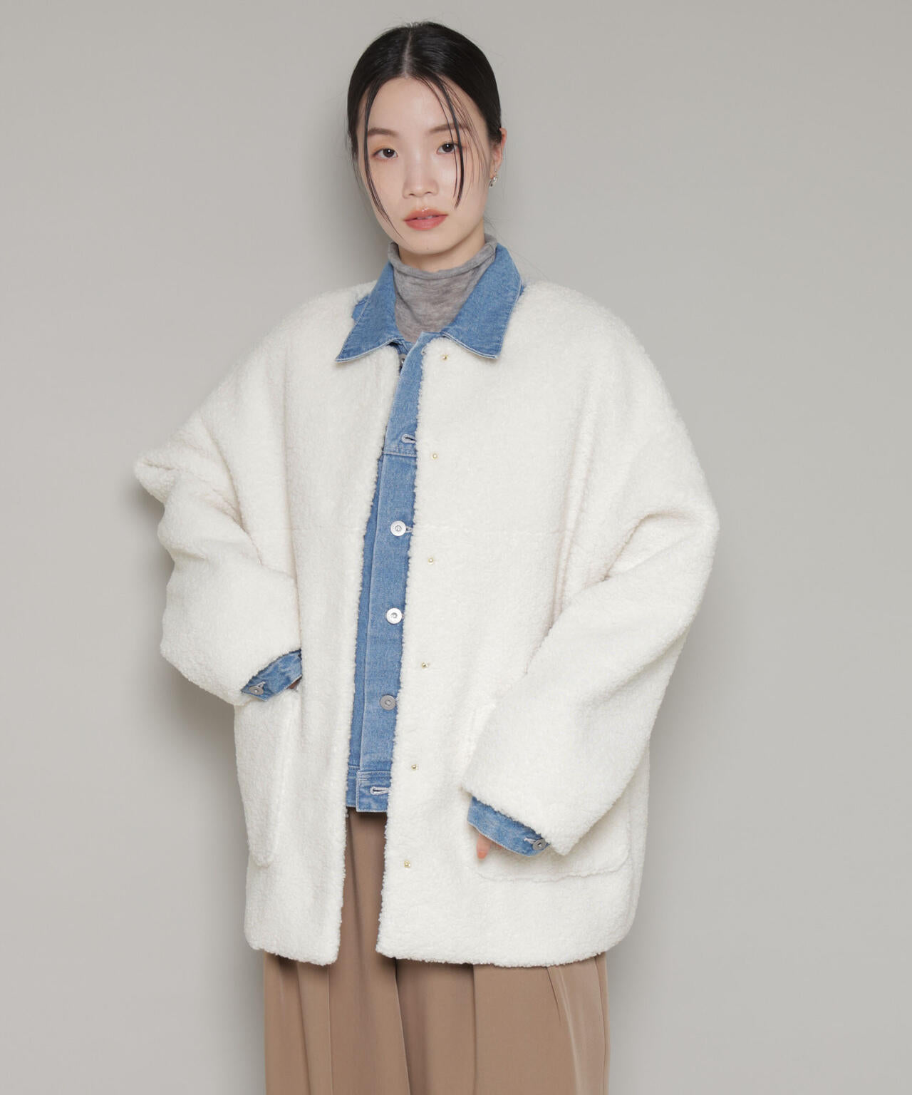 ソフトボアノーカラーミドルコート 6736111301