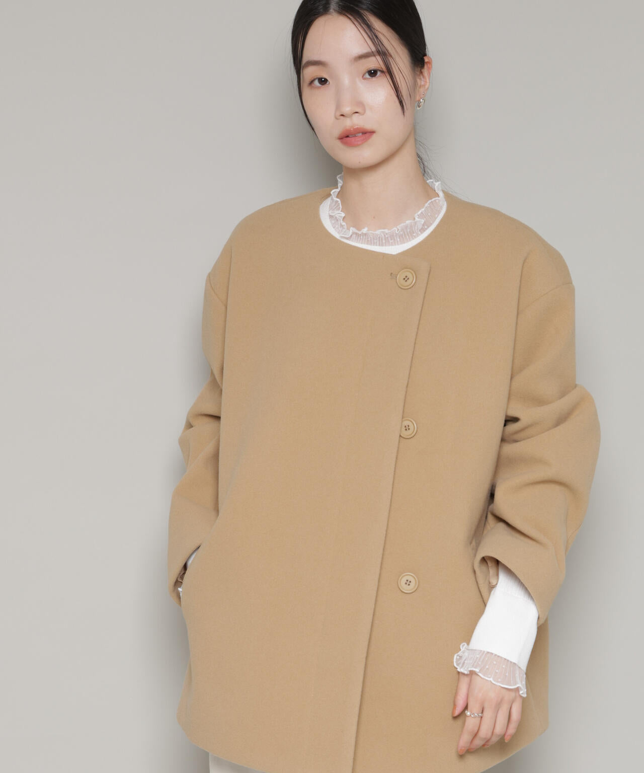 ノーカラー ミドル コート