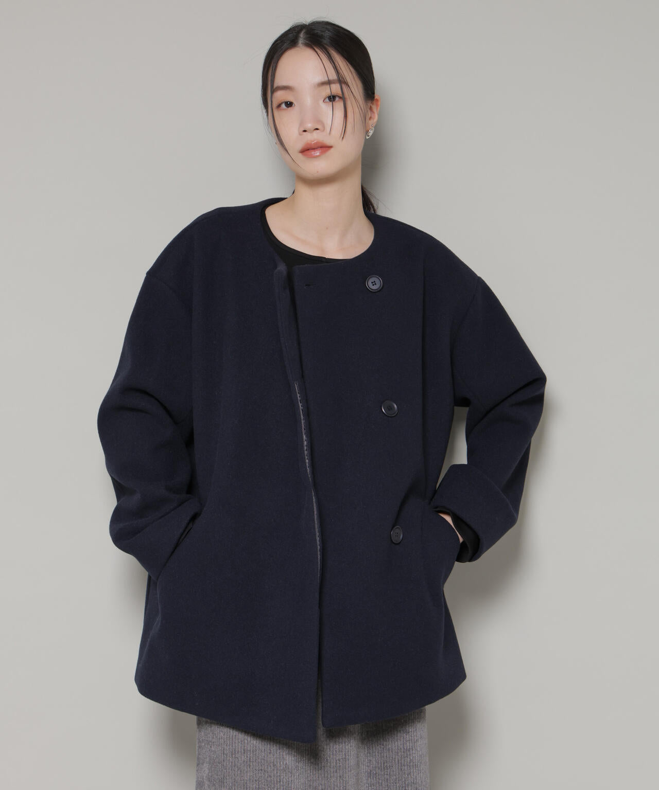 ノーカラー ミドル コート