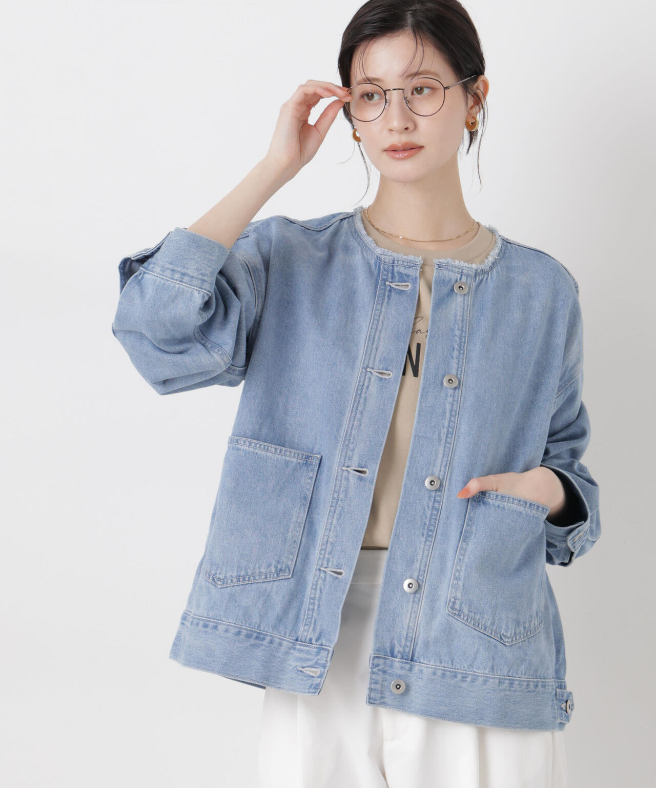 ノーカラーデニムジャケット