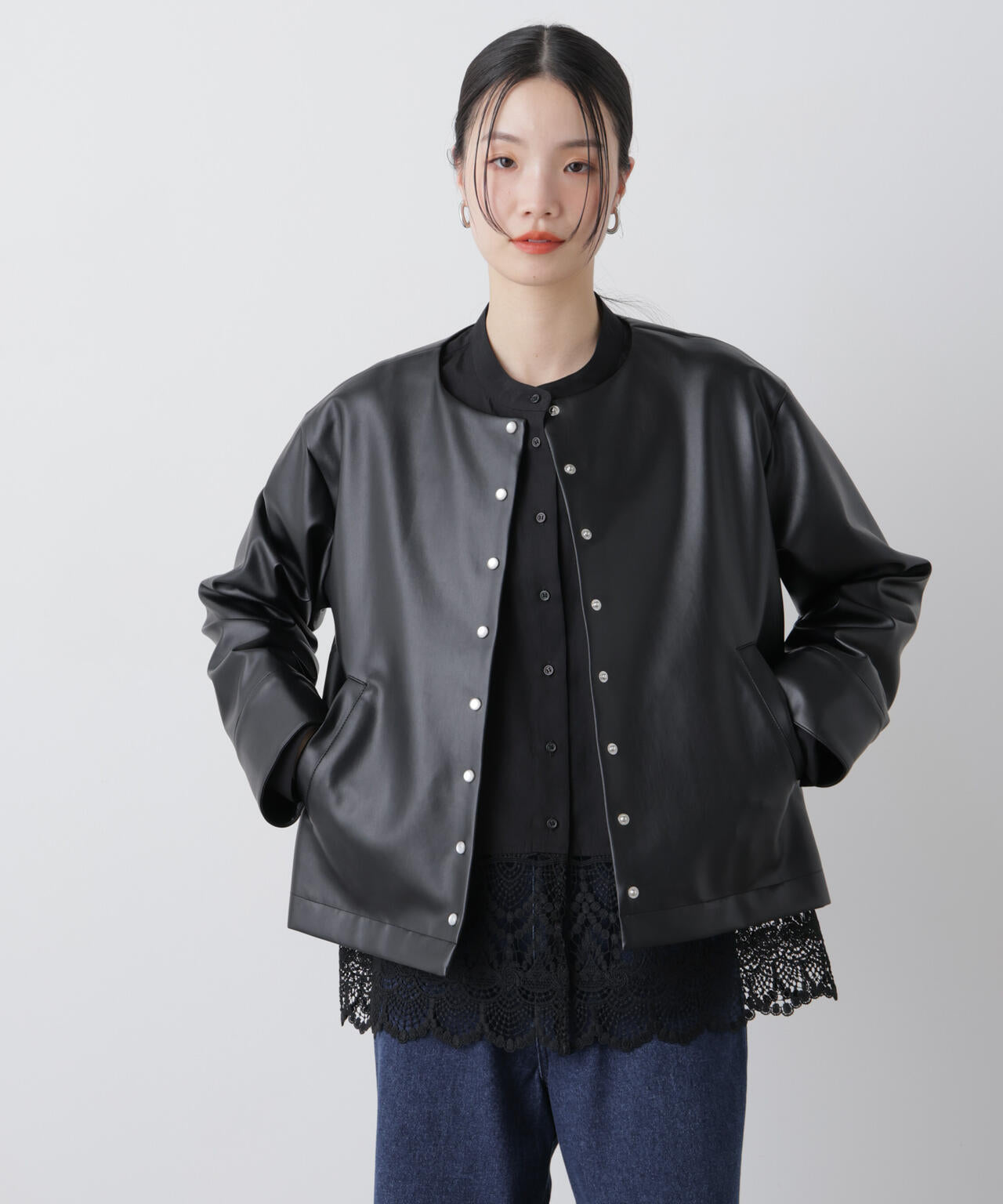 フェイクレザー パールドット ノーカラージャケット