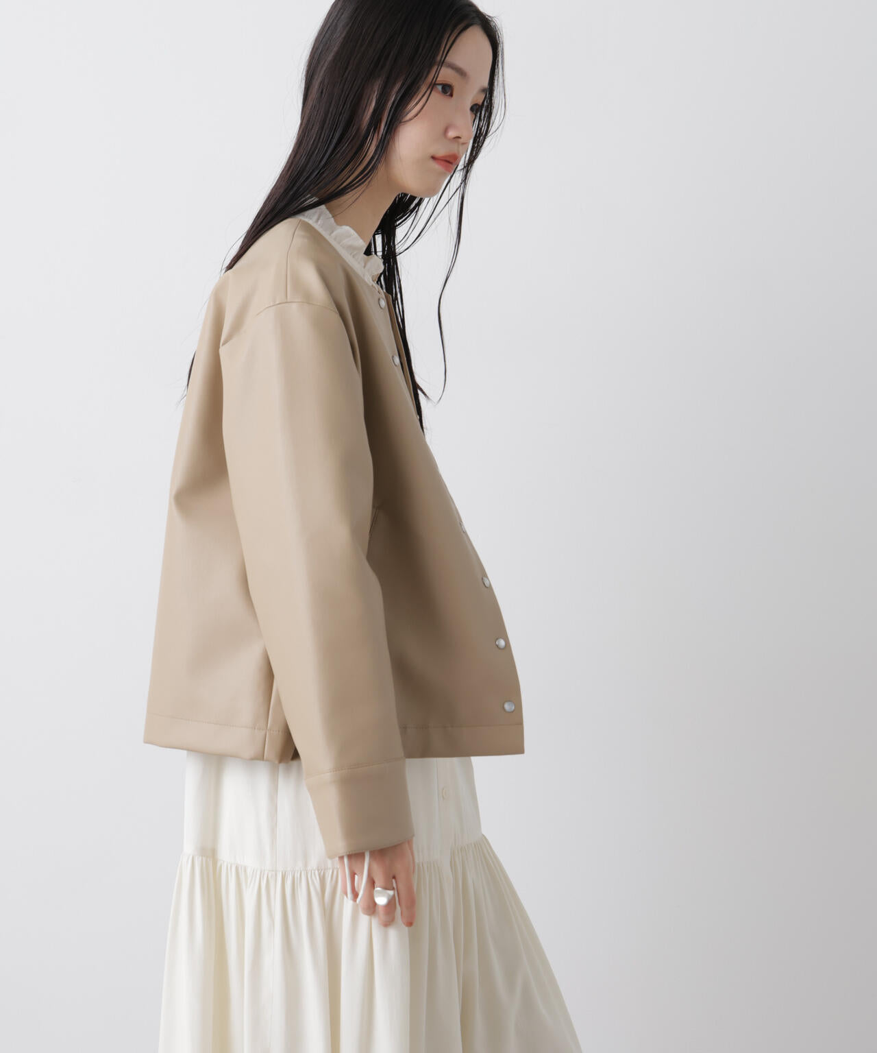 フェイクレザー パールドット ノーカラージャケット
