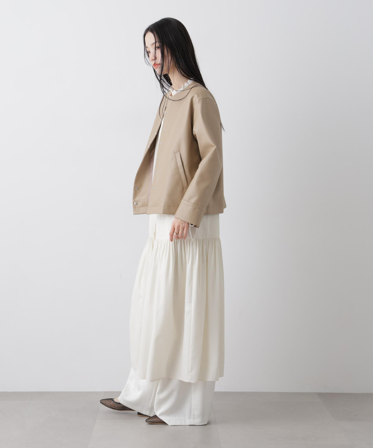 フェイクレザー パールドット ノーカラージャケット