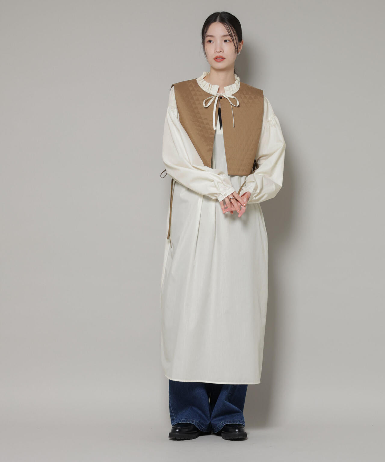 キルティング ベスト × ギャザー ワンピース アンサンブル セット