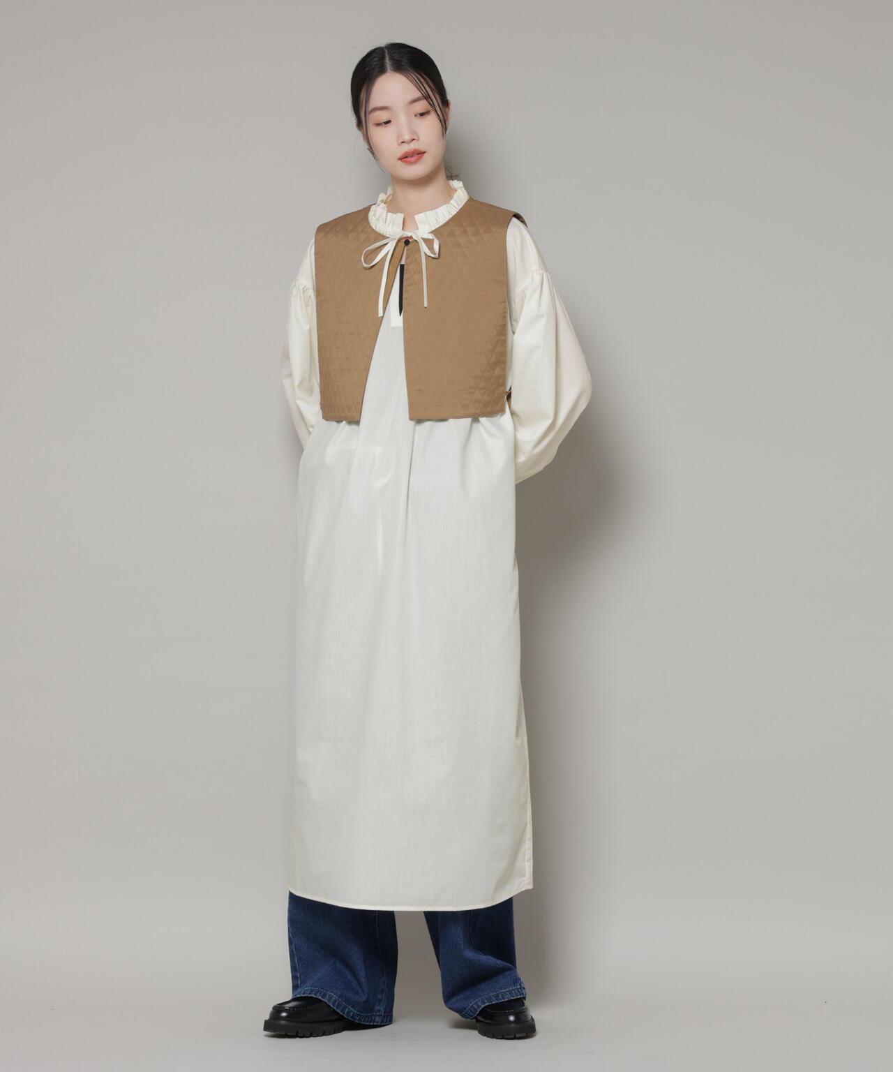 キルティング ベスト × ギャザー ワンピース アンサンブル セット