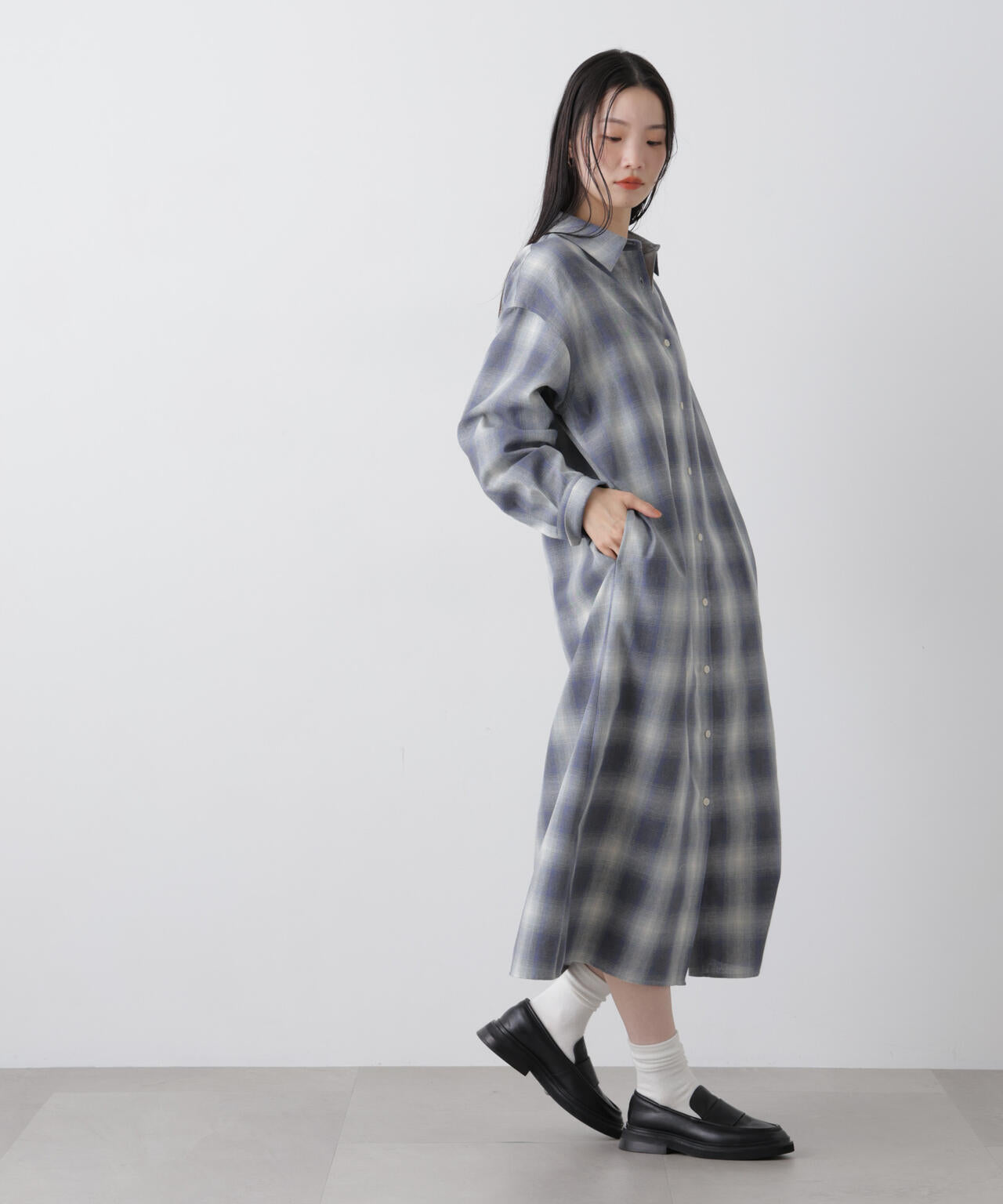 オンブレーツイルチェックシャツワンピース 6736119310