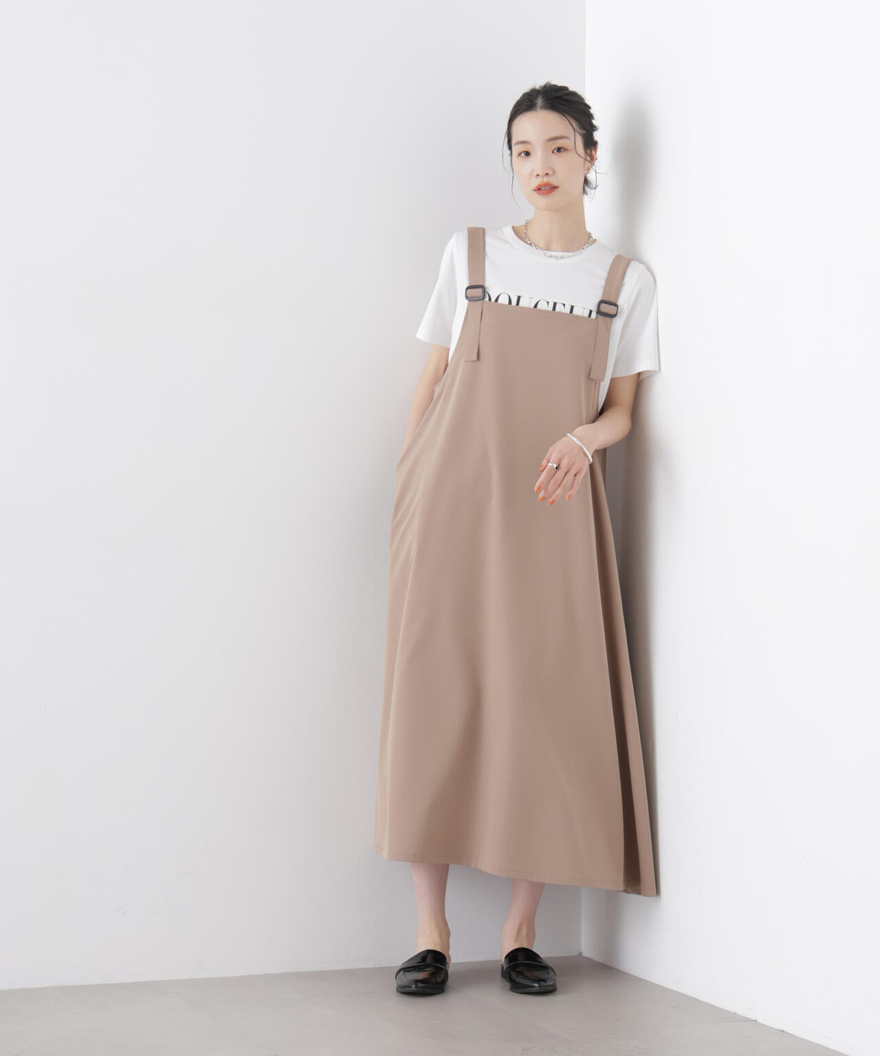 多機能 2way ストレッチ サロペット フレア ワンピース ( セットアップ 可)