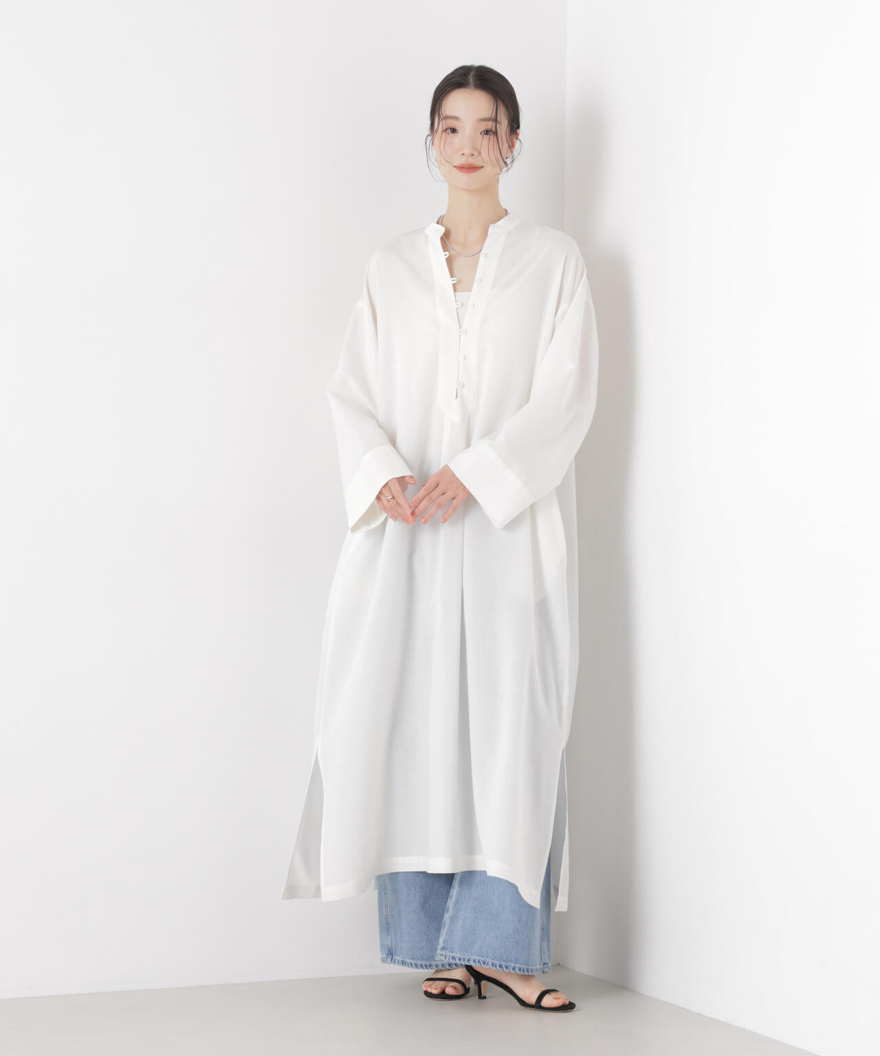 マシンウォッシャブルリネン混 スタンドカラーワンピース 6736119313