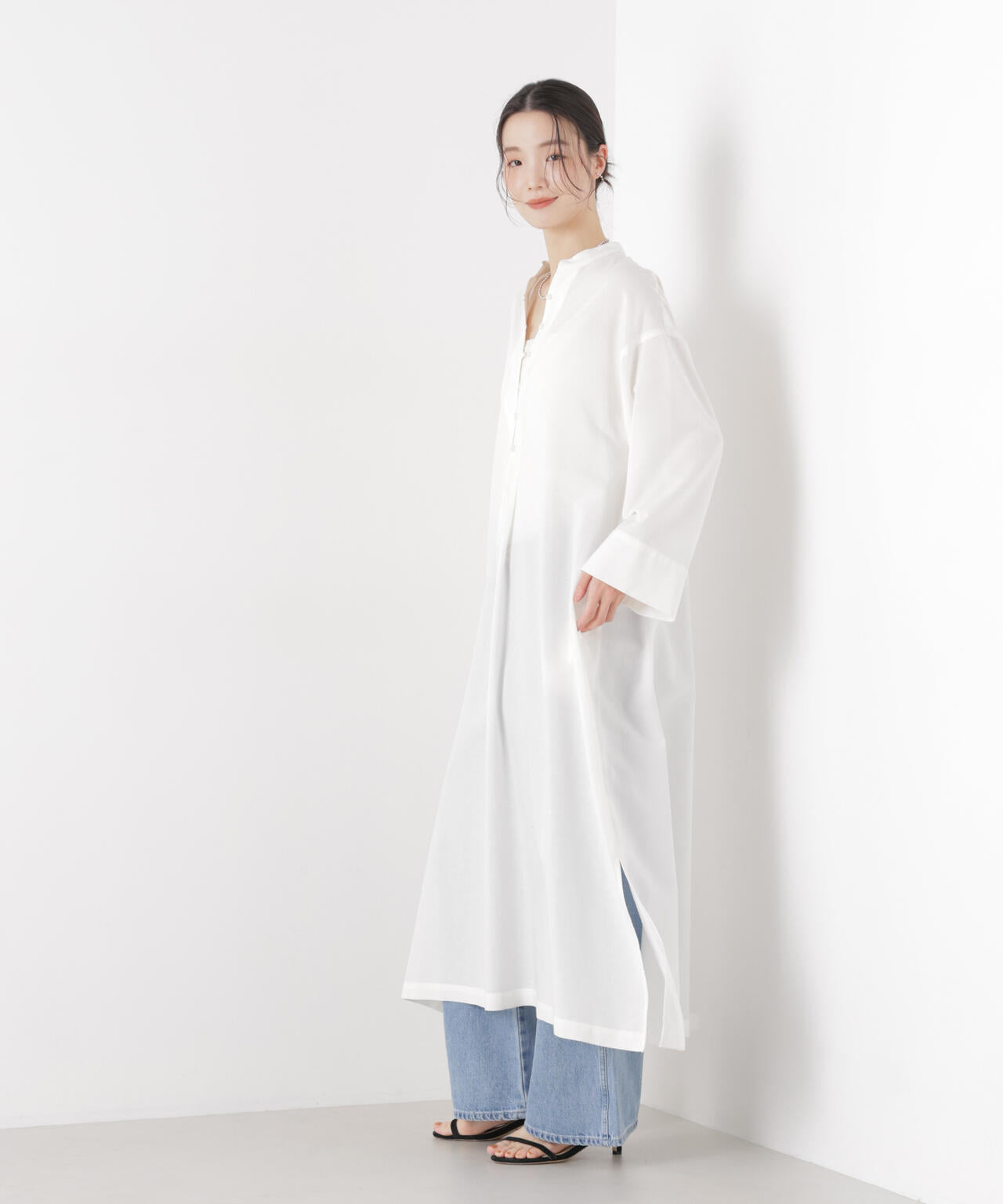 マシンウォッシャブルリネン混 スタンドカラーワンピース 6736119313