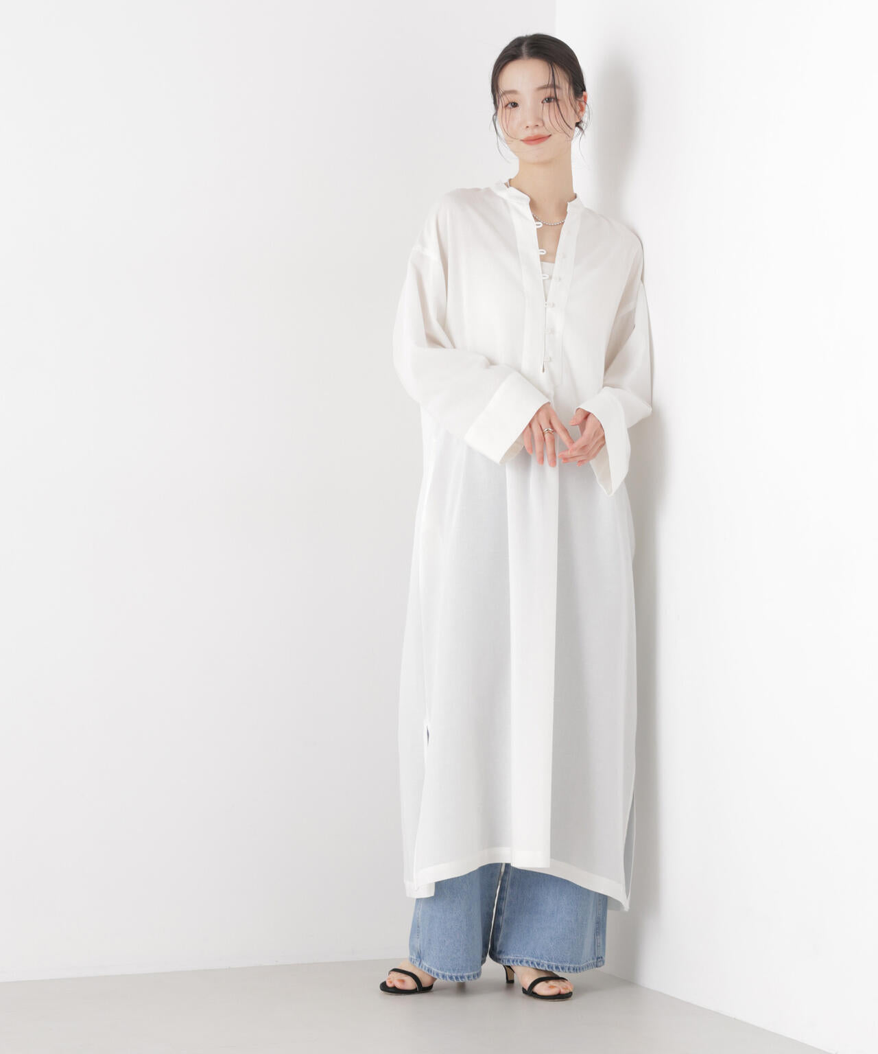 マシンウォッシャブルリネン混 スタンドカラーワンピース 6736119313