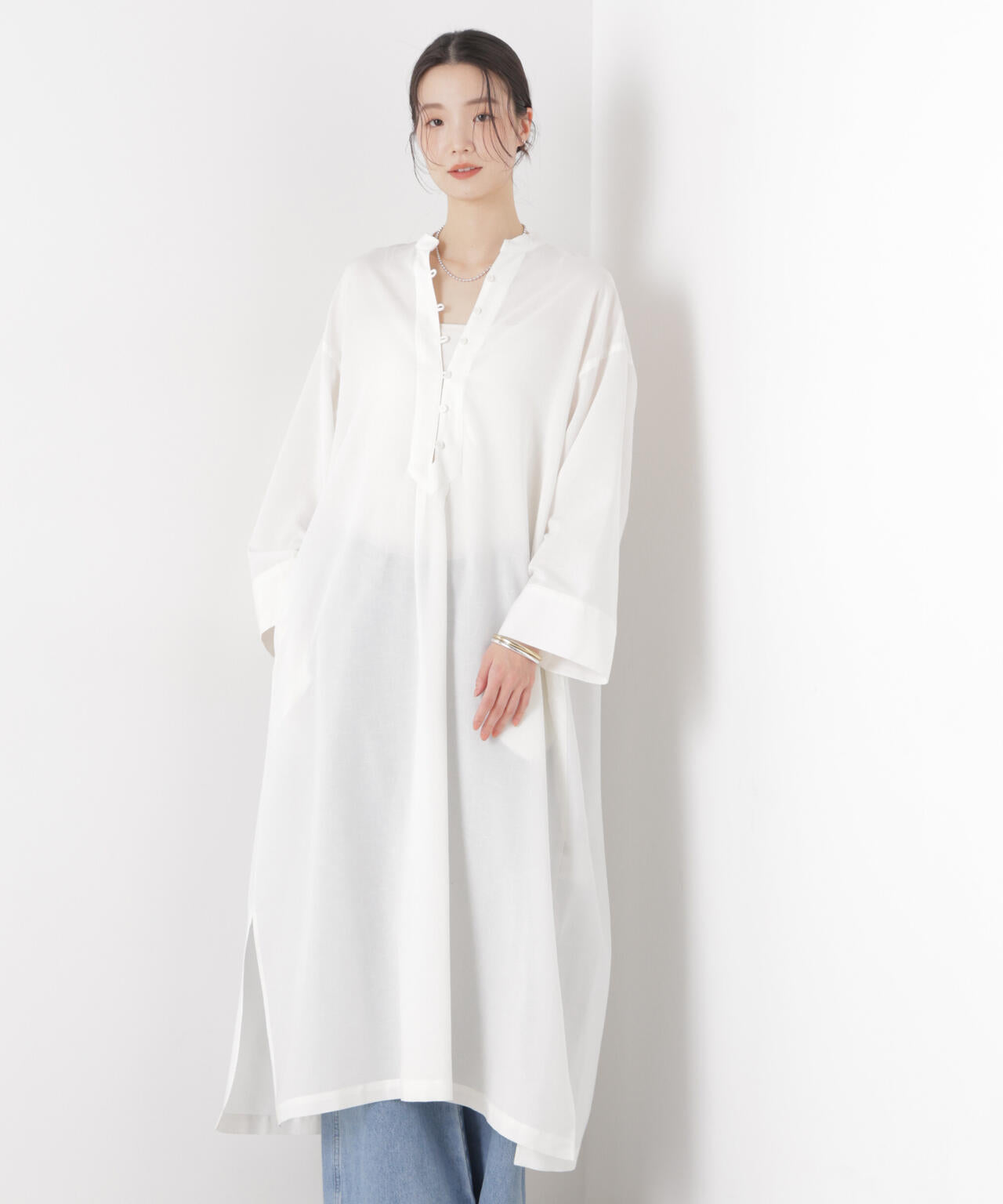 マシンウォッシャブルリネン混 スタンドカラーワンピース 6736119313