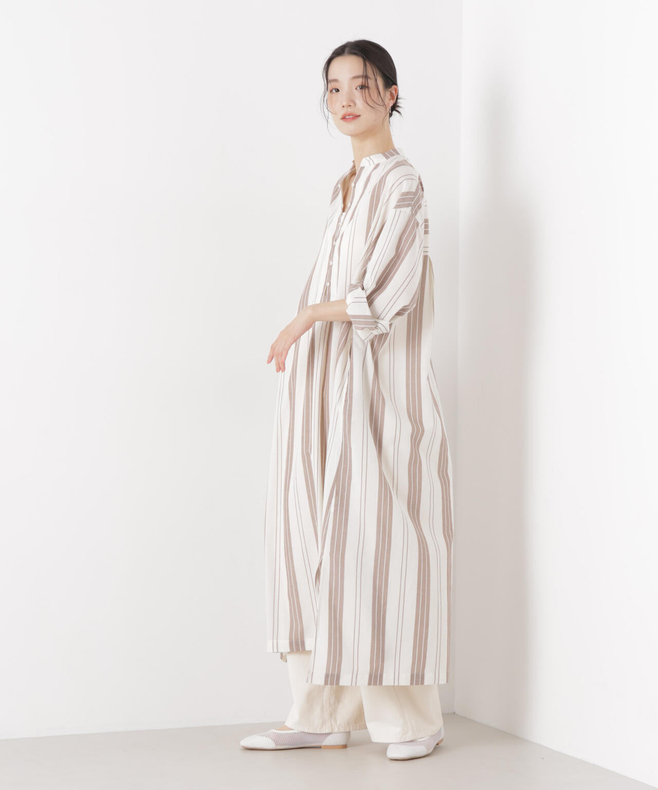 マシンウォッシャブルリネン混 スタンドカラーワンピース 6736119313