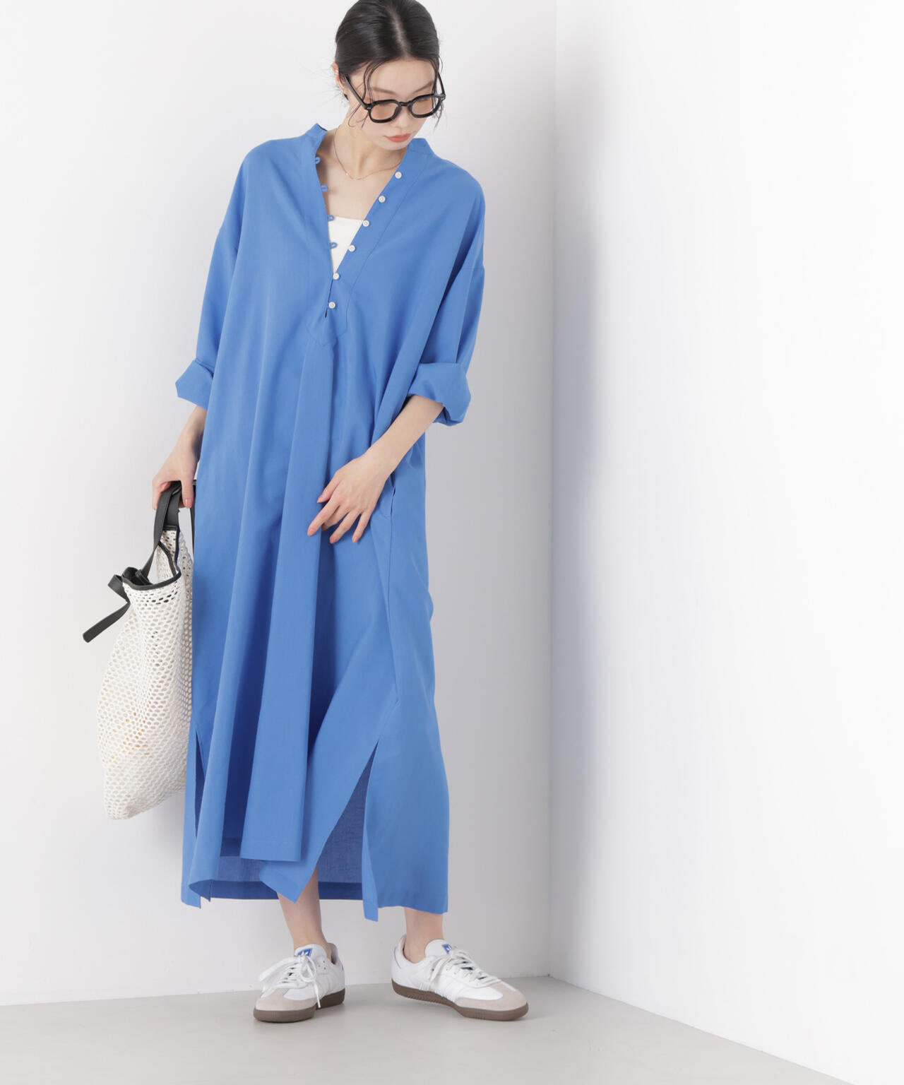 マシンウォッシャブルリネン混 スタンドカラーワンピース 6736119313