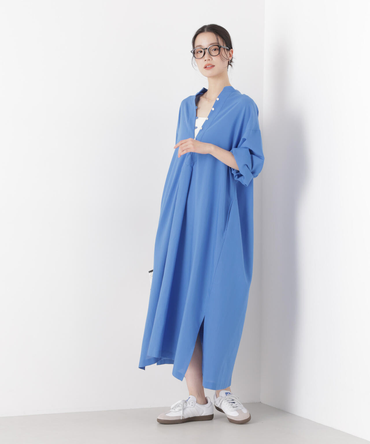 マシンウォッシャブルリネン混 スタンドカラーワンピース 6736119313