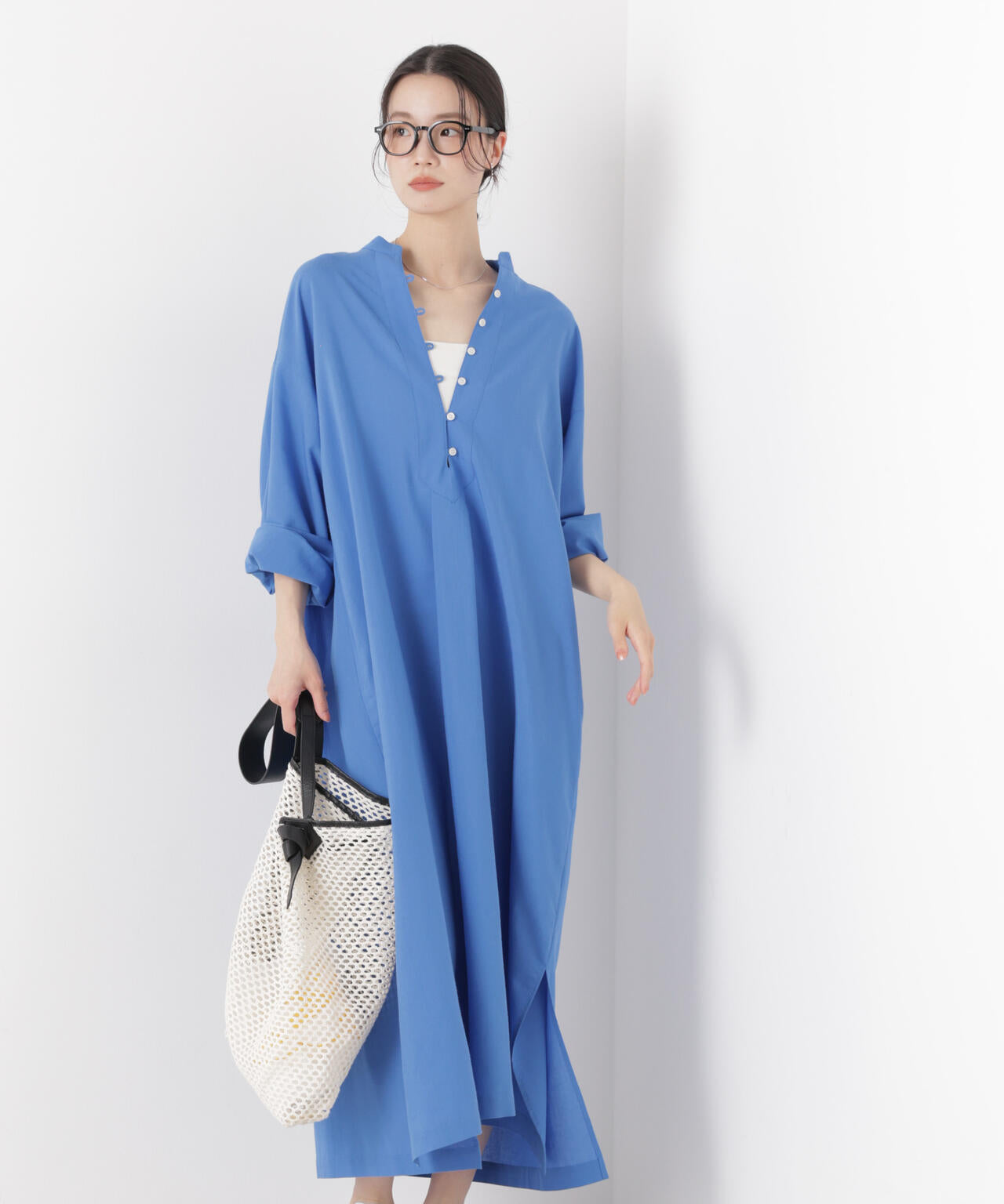 マシンウォッシャブルリネン混 スタンドカラーワンピース 6736119313