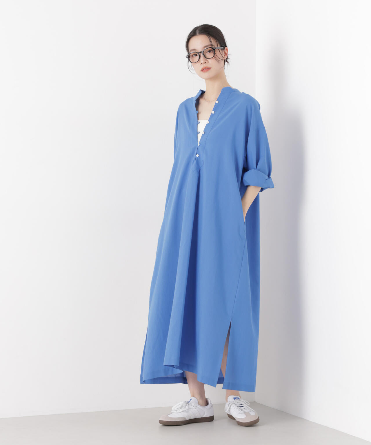 マシンウォッシャブルリネン混 スタンドカラーワンピース 6736119313