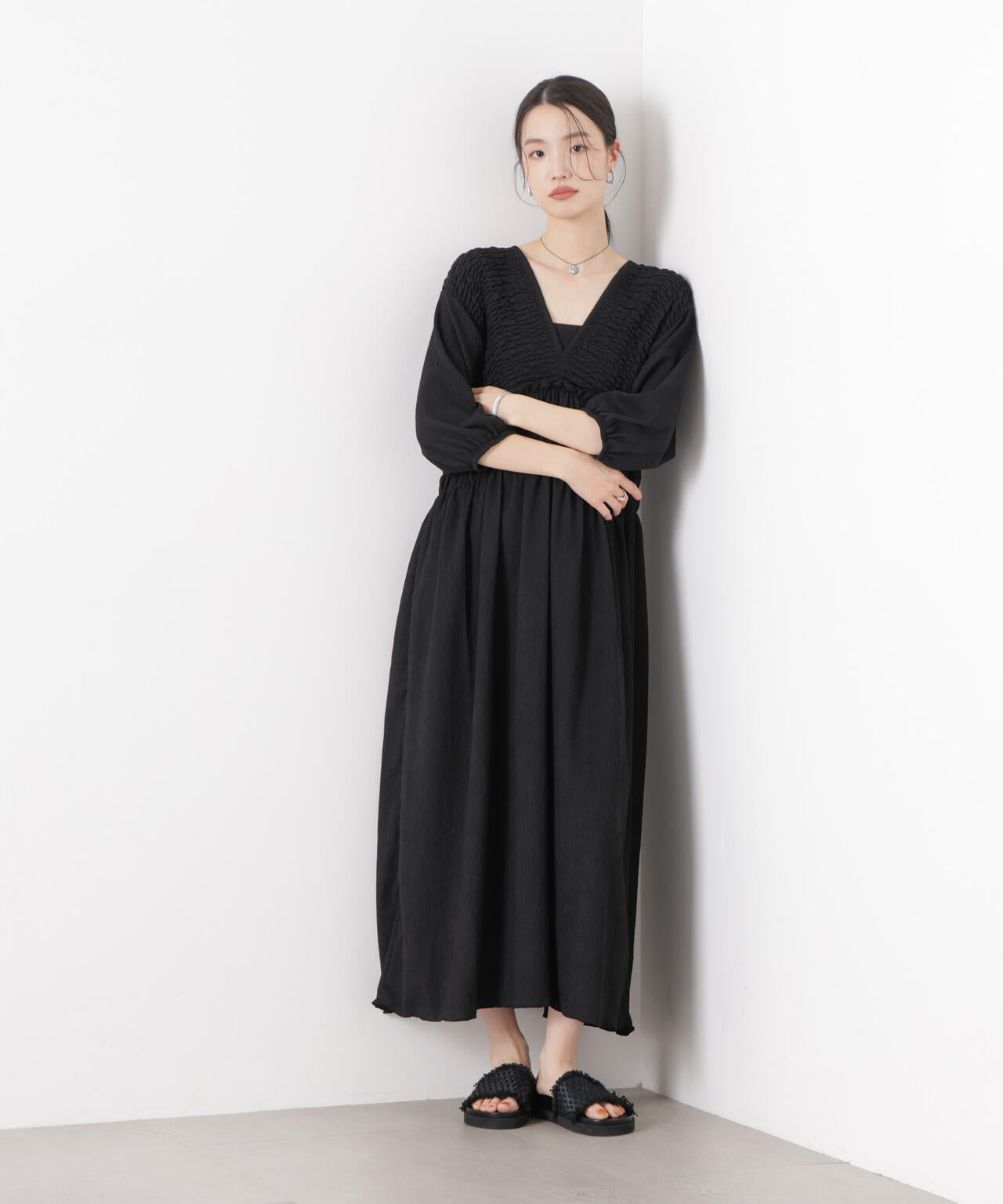 楊柳Vネックシャーリングワンピース