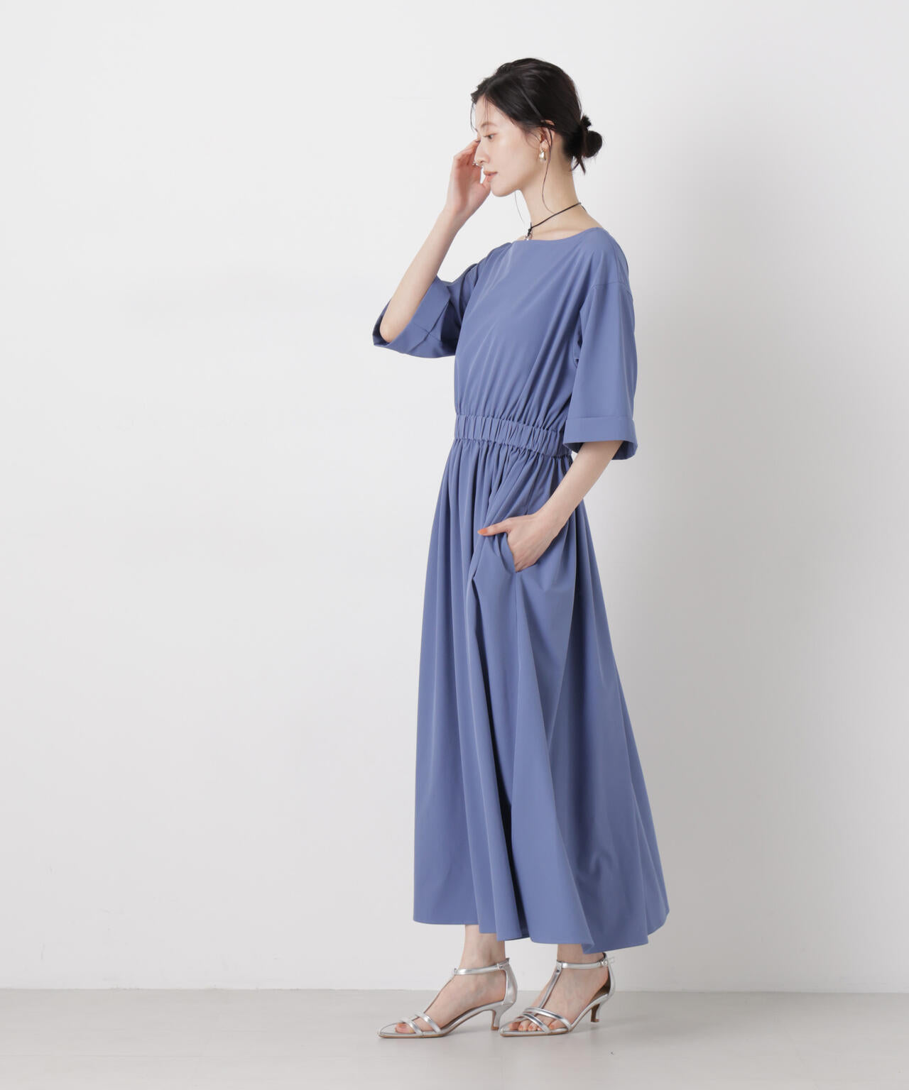 ウエストギャザーボートネックワンピース 6736119317