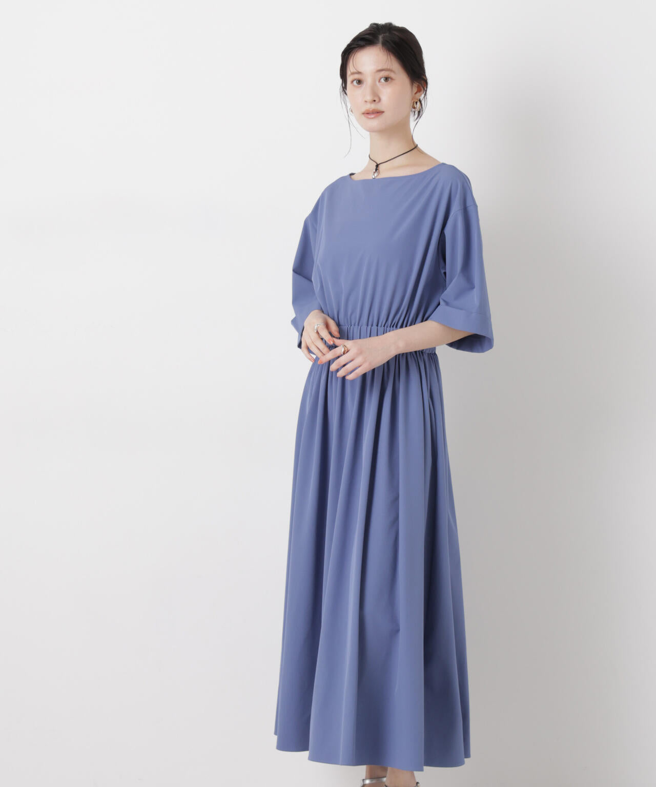 ウエストギャザーボートネックワンピース 6736119317