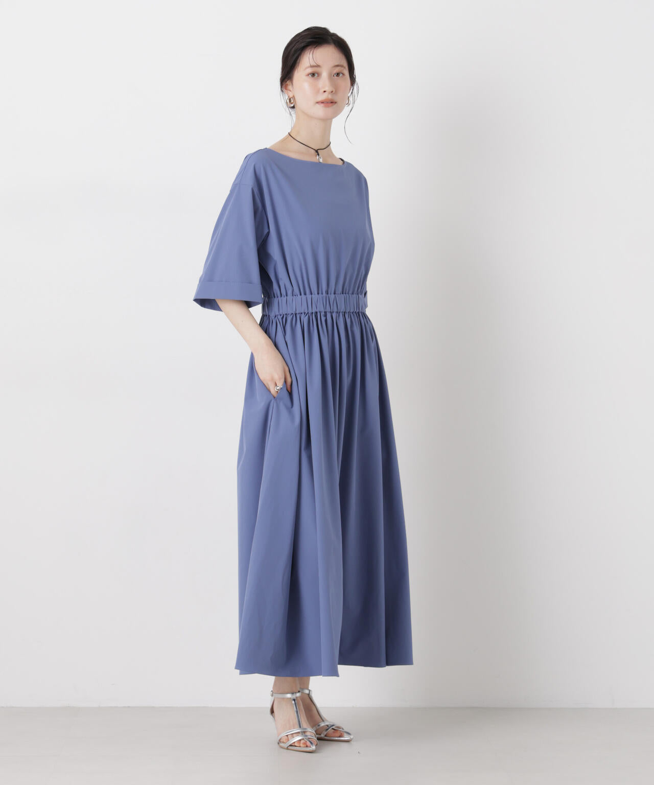 ウエストギャザーボートネックワンピース 6736119317