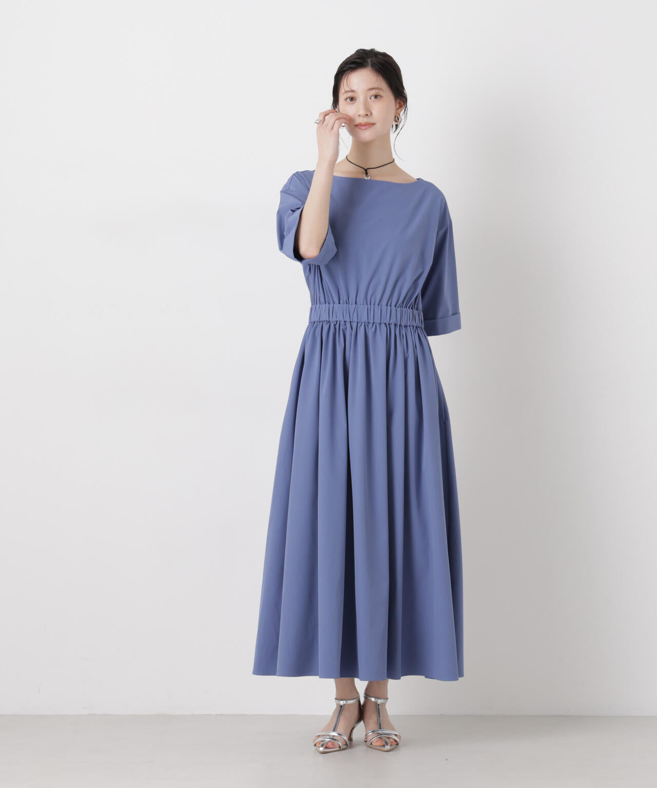 ウエストギャザーボートネックワンピース 6736119317