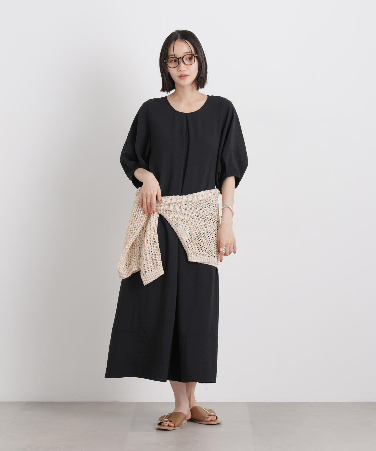 多機能リネンライク前後2wayランタンスリーブワンピース 6736119318