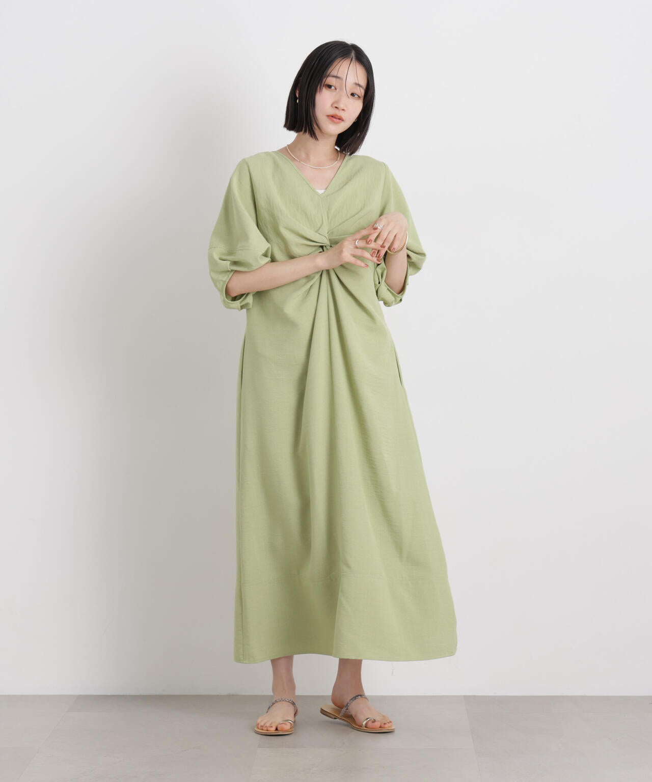 多機能リネンライク前後2wayランタンスリーブワンピース 6736119318