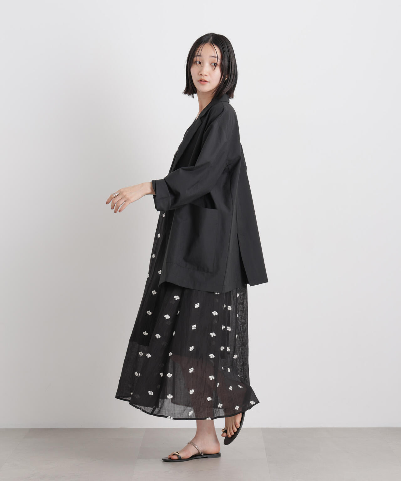 小花柄 エンブロイダリー シアー ギャザー ワンピース