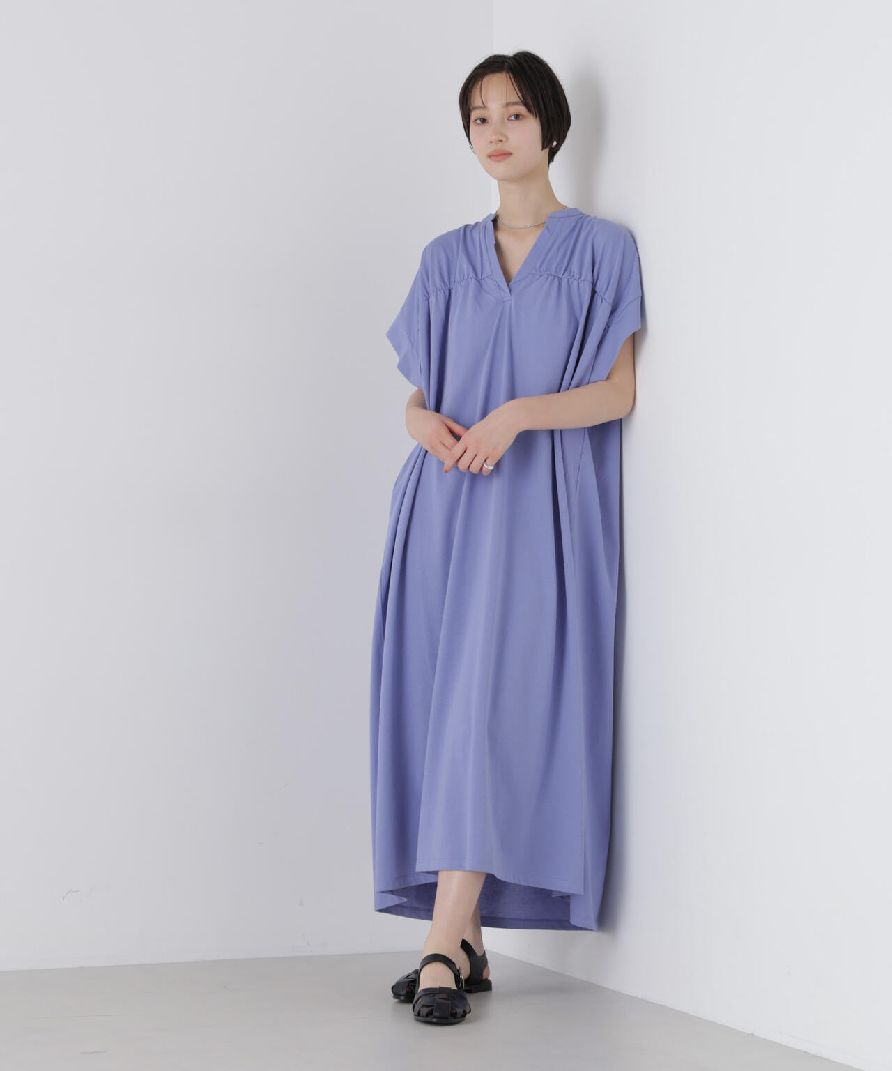 【新品タグ付】23区 スキッパー ワンピース 濃紺 サイズ48 接触冷感 コットン プレーティング 天竺 ギャザー スキッパー ワンピース