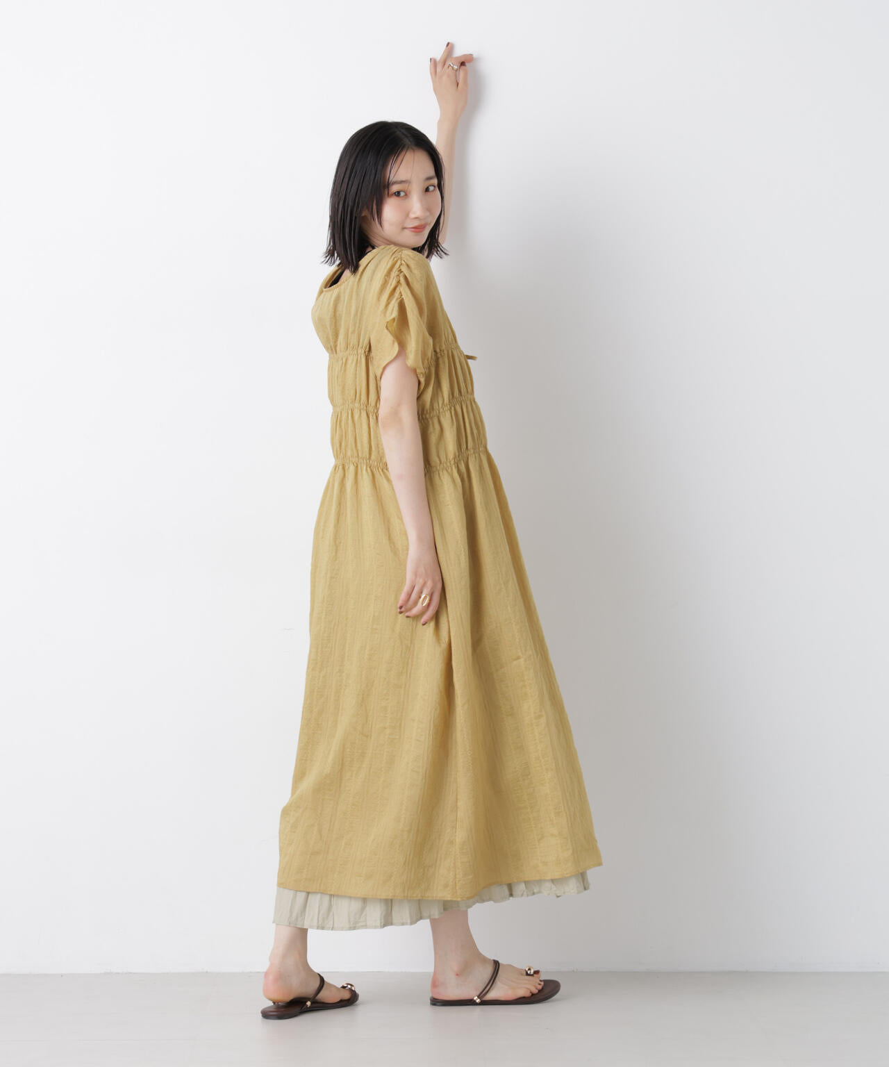 フロント リボン シアー ストライプ ジレ ワンピース