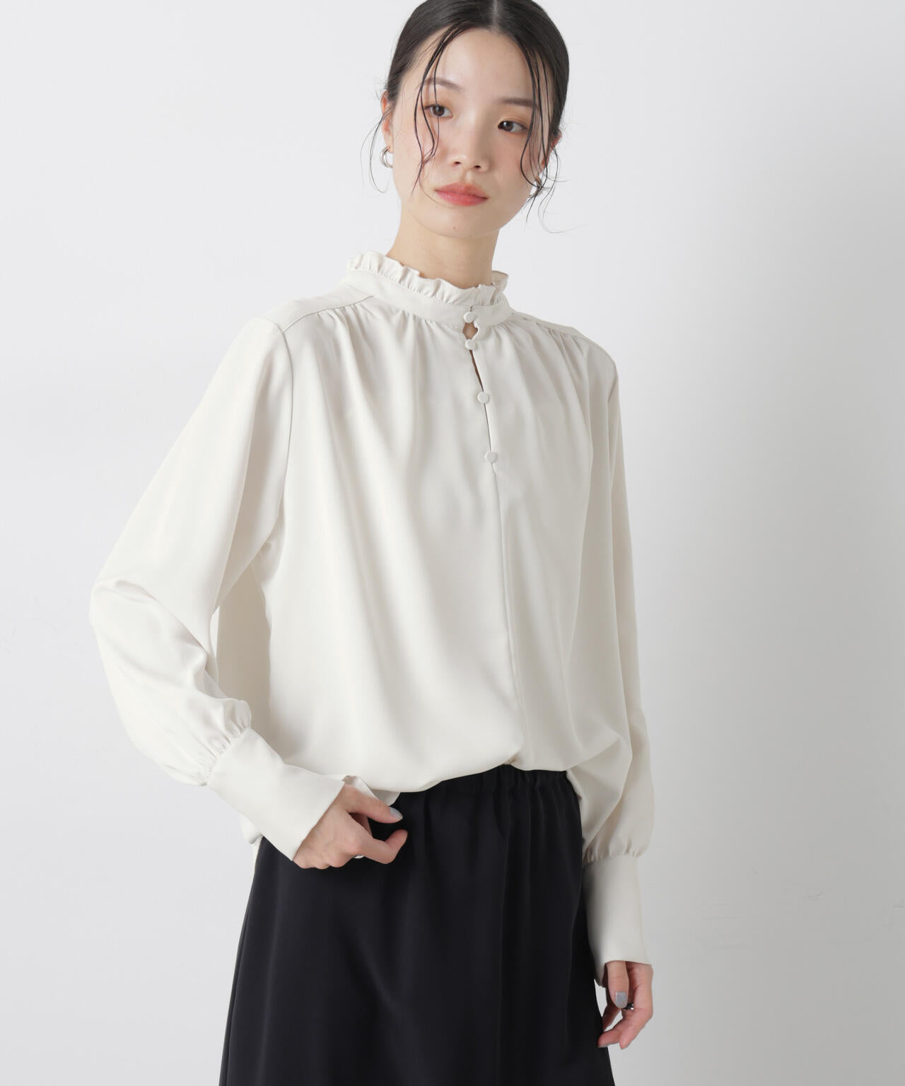 前後2way スタンドカラー ギャザー ブラウス