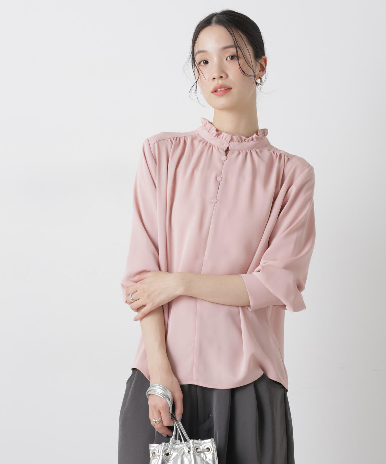 前後2way スタンドカラー ギャザー ブラウス