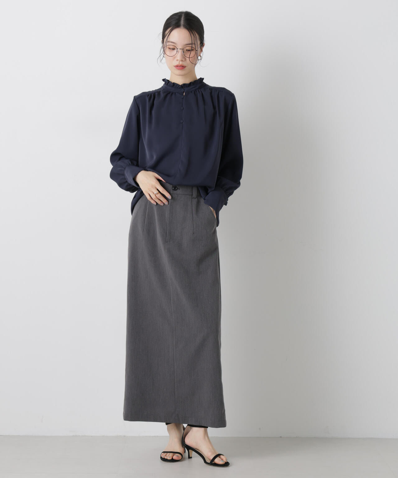 前後2way スタンドカラー ギャザー ブラウス