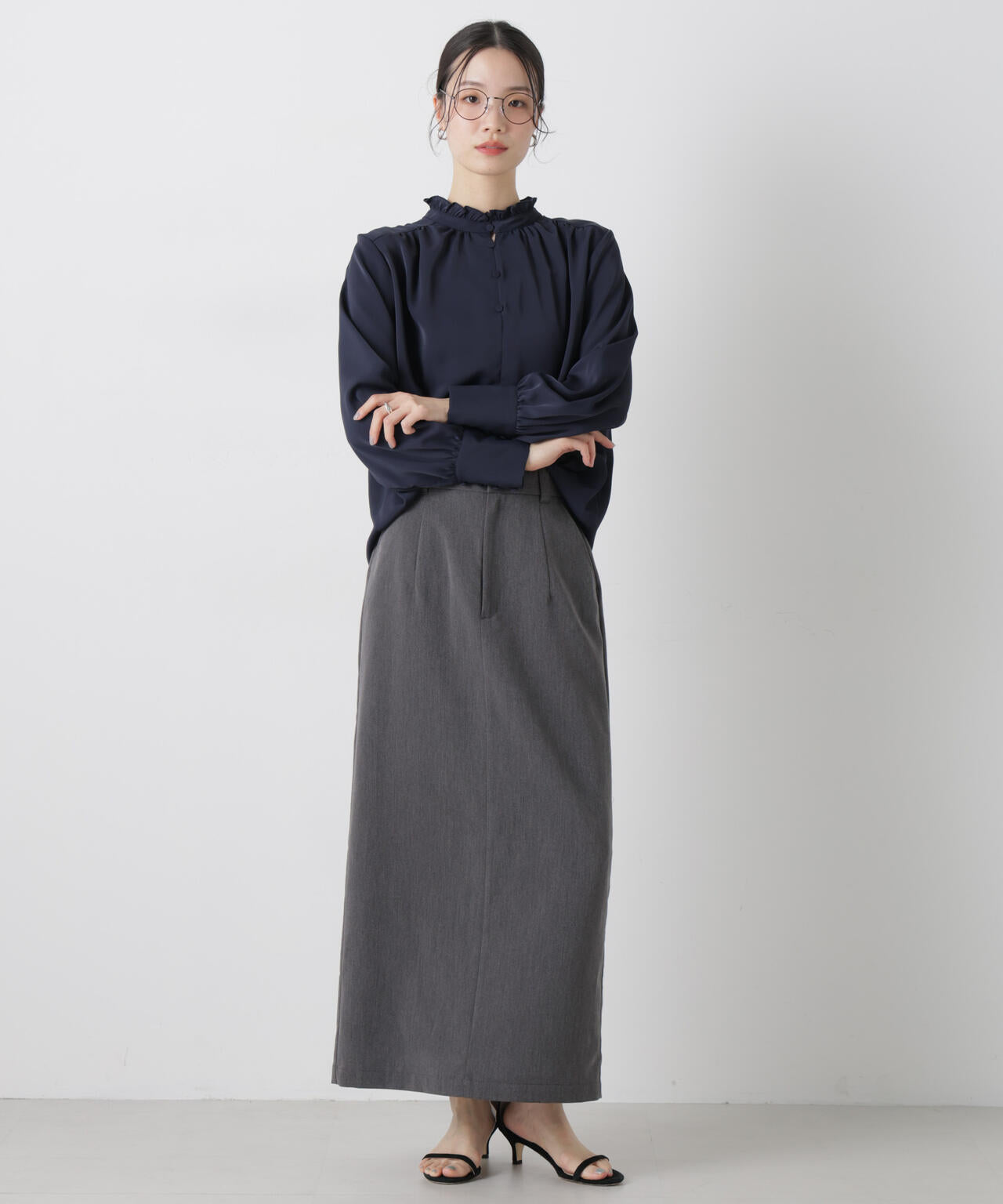 美品✨　ドゥロワー　ダイヤジャカードギャザーブラウス　定価4.8万円　濃紺 前後2way スタンドカラー ギャザー ブラウス